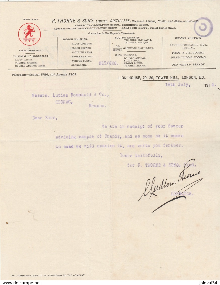 Royaume Uni Facture Lettre Illustrée 18/7/1914 R THORNE & Sons Distillers Irish Scotch Brandy LONDON - United Kingdom