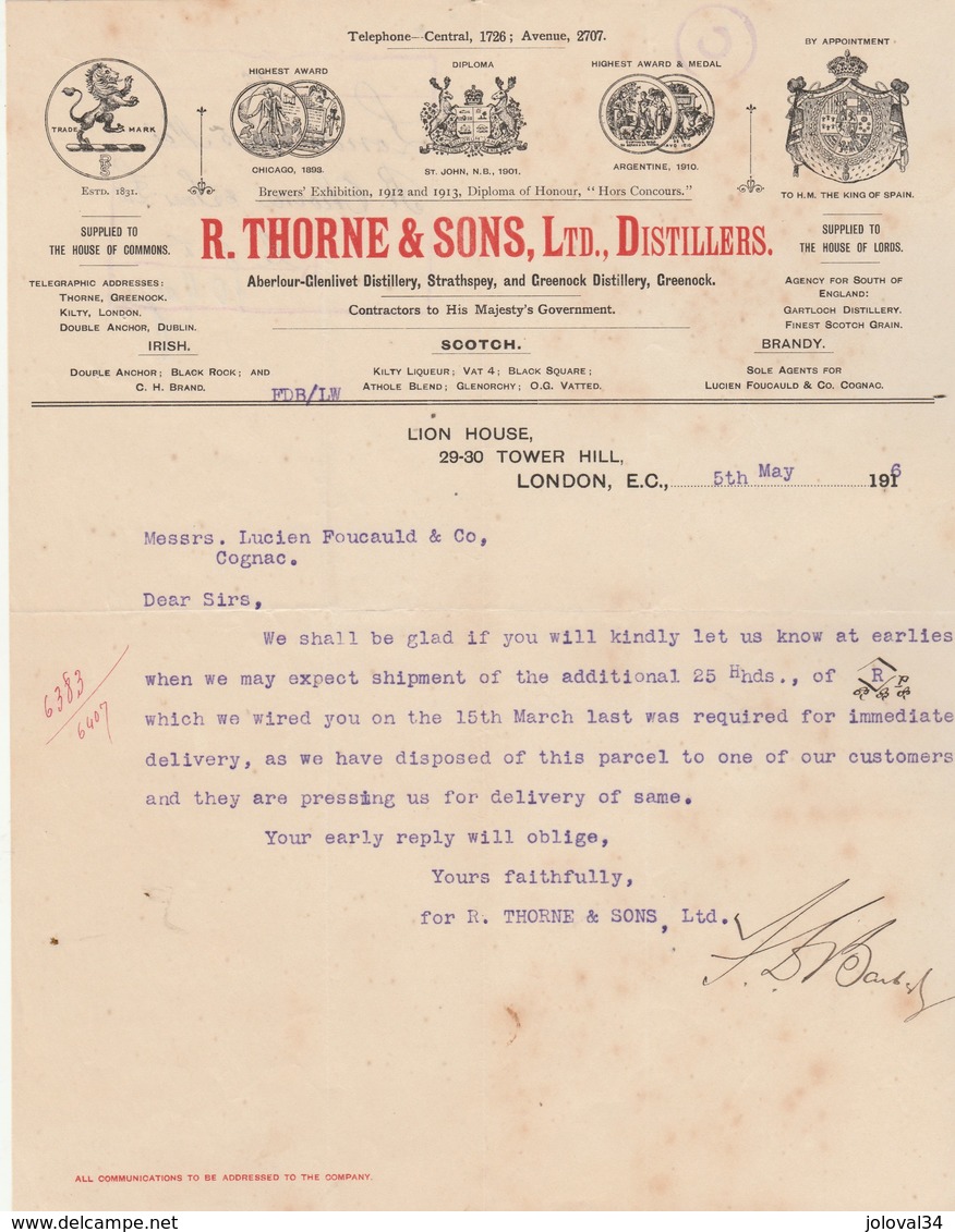 Royaume Uni Facture Lettre Illustrée 5/5/1916 R THORNE & Sons Distillers Irish Scotch Brandy LONDON - Royaume-Uni