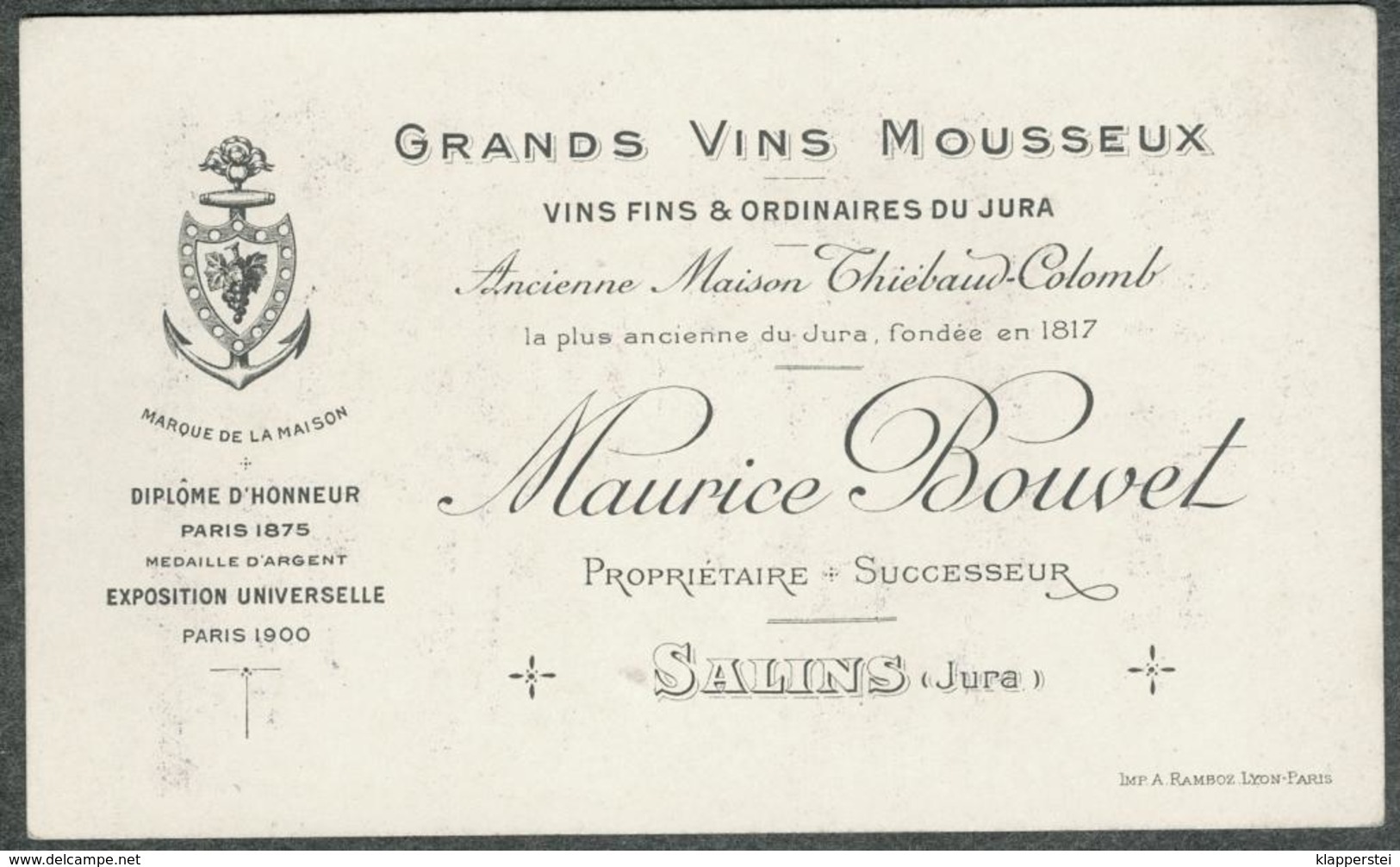 JURA SALINS Carte Visite Facture Publicitaire Vins Mousseux  Maurice Bouvet - Visiting Cards