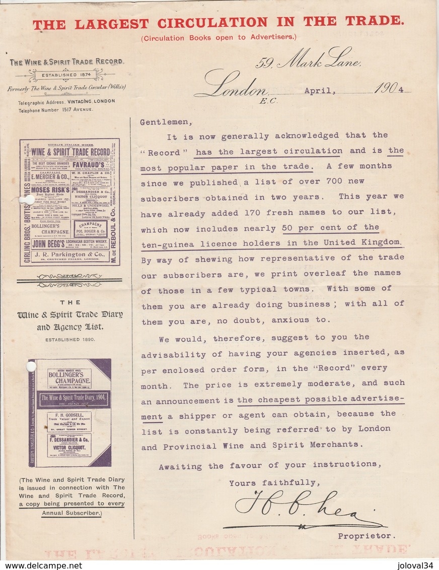 Royaume Uni Lettre Illustrée Journal Publicité 1904 The Wine & Spirit Trade Record LONDON - 4 Scan - Verenigd-Koninkrijk