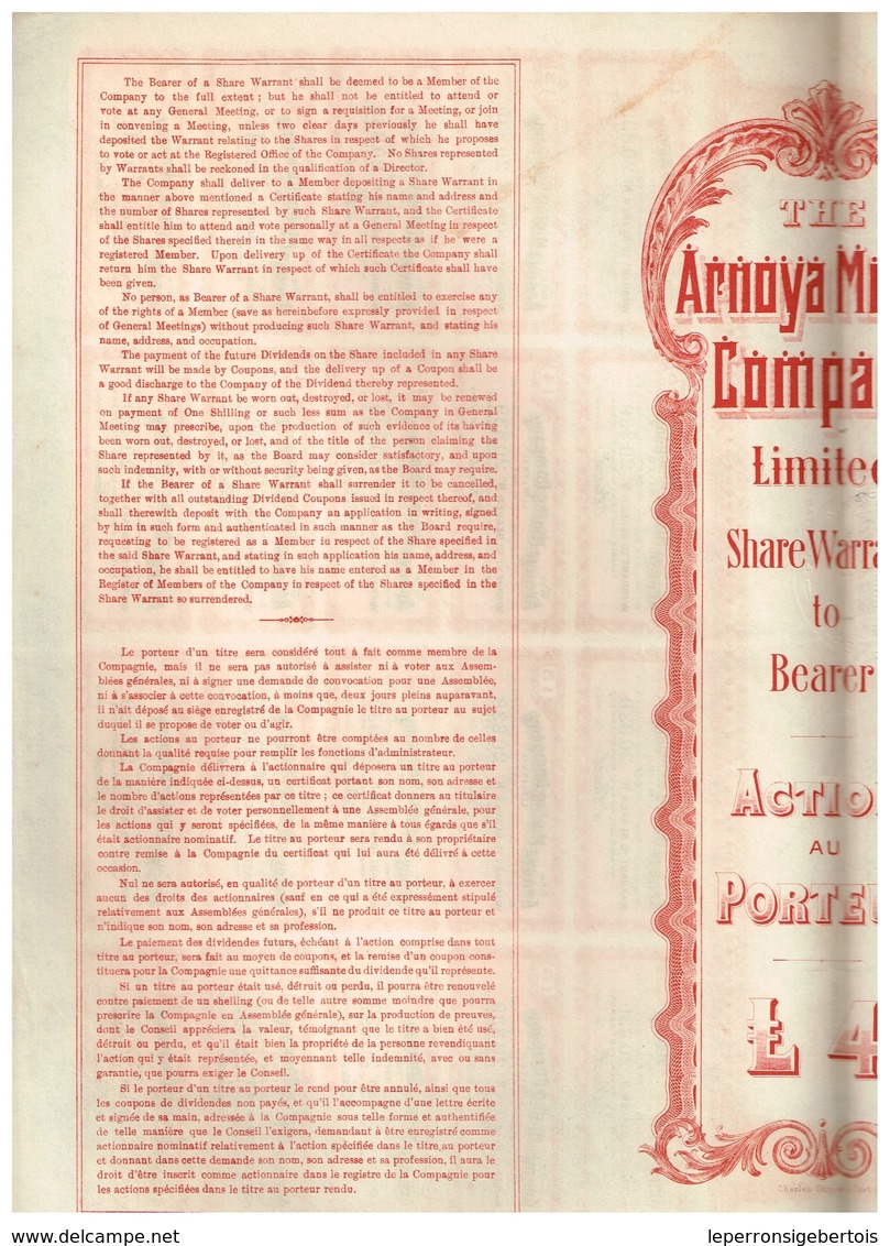 Titre Ancien - The Arnoya Mining Company - Titre De 1909 - - Mines