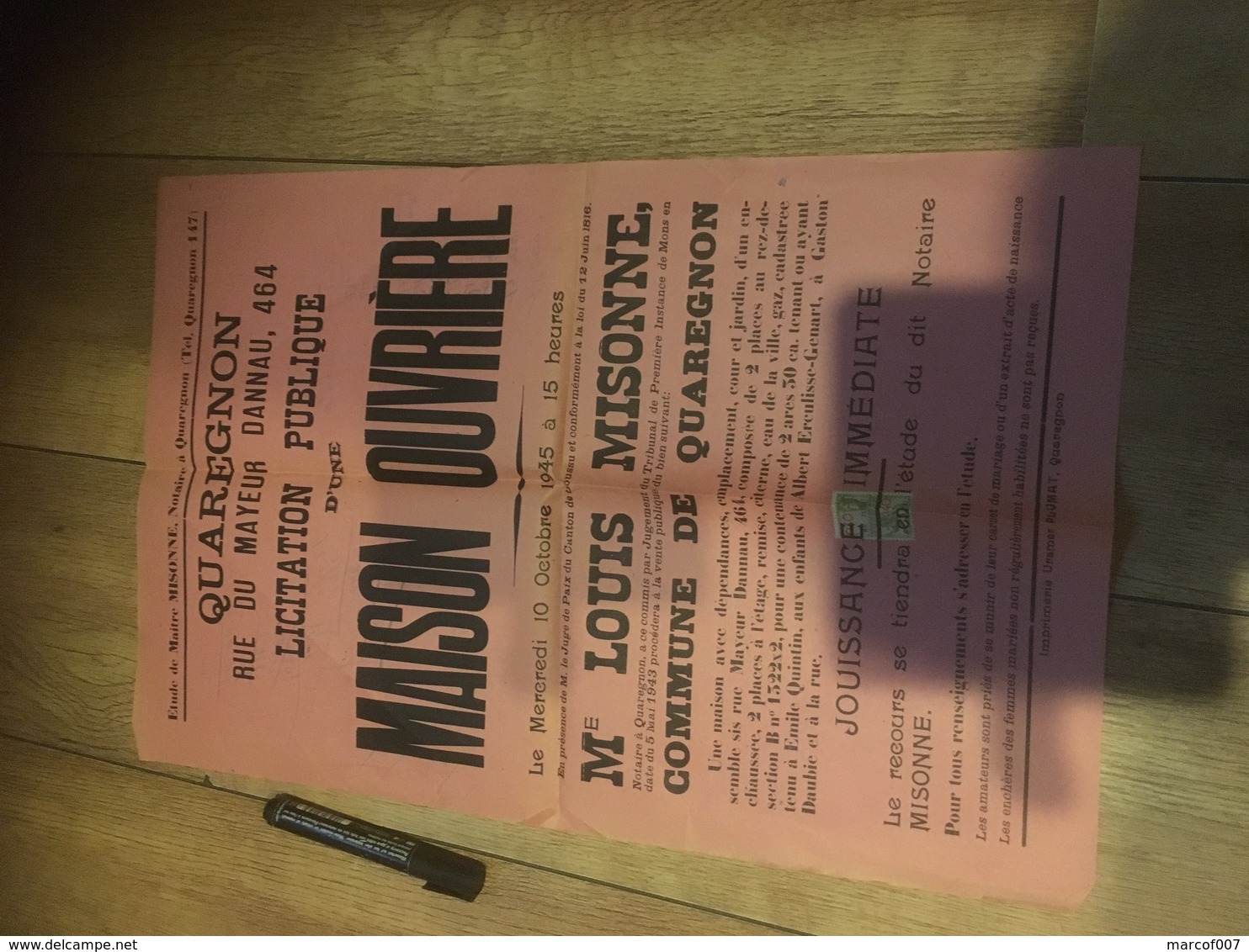 QUAREGNON 1945 Vente Maison Ouvrière Rue Mayeur Dannau - Affiches