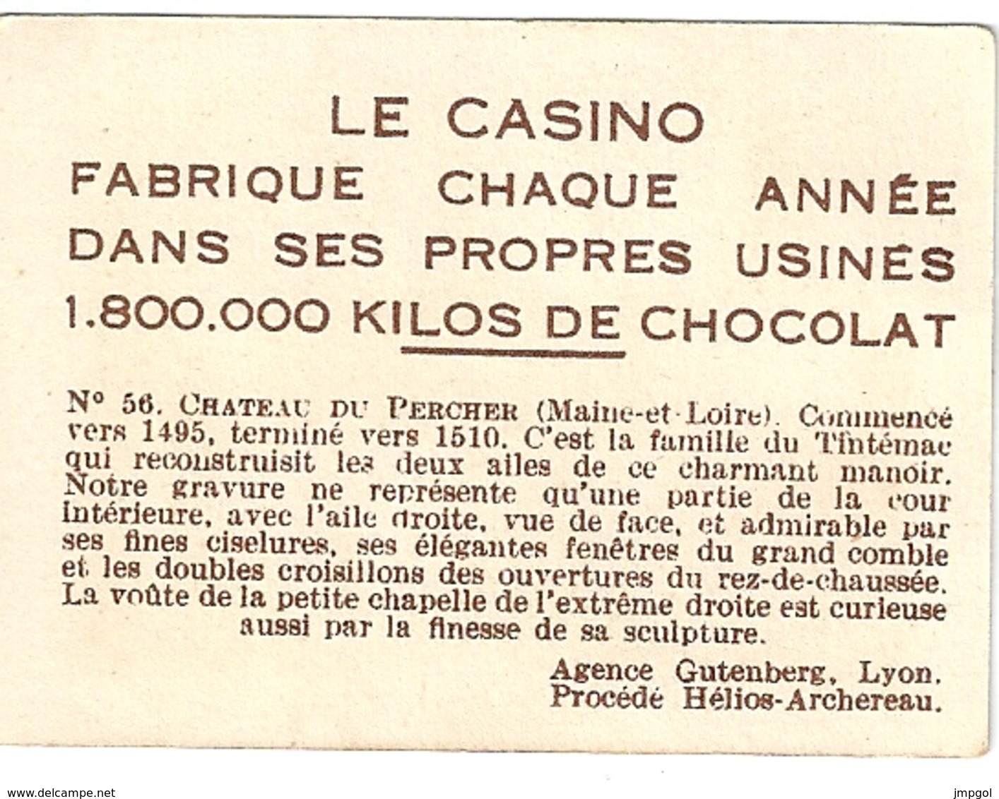 Image Chocolat Casino Série Châteaux Historiques De France N°56 Château Du Percher (Maine Et Loire) - Autres & Non Classés