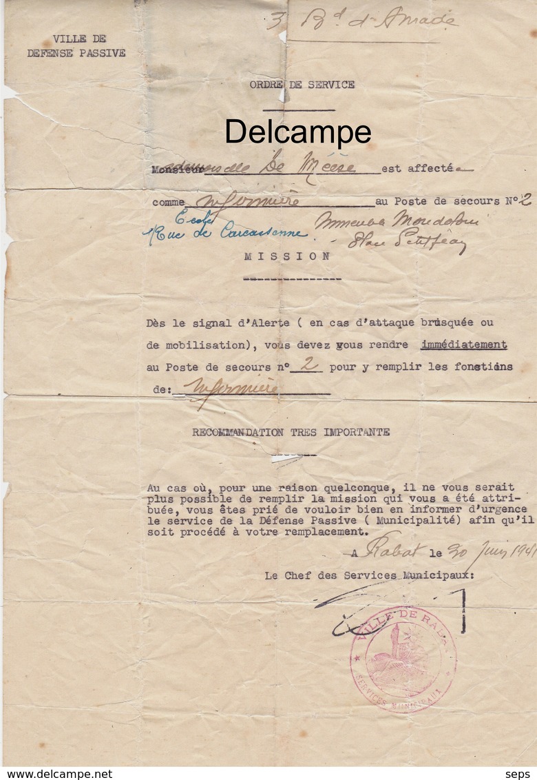 Document -  Consignes Affectation D'un Infirmière De La Défense Passive -  Rabat - 1941 - Documents