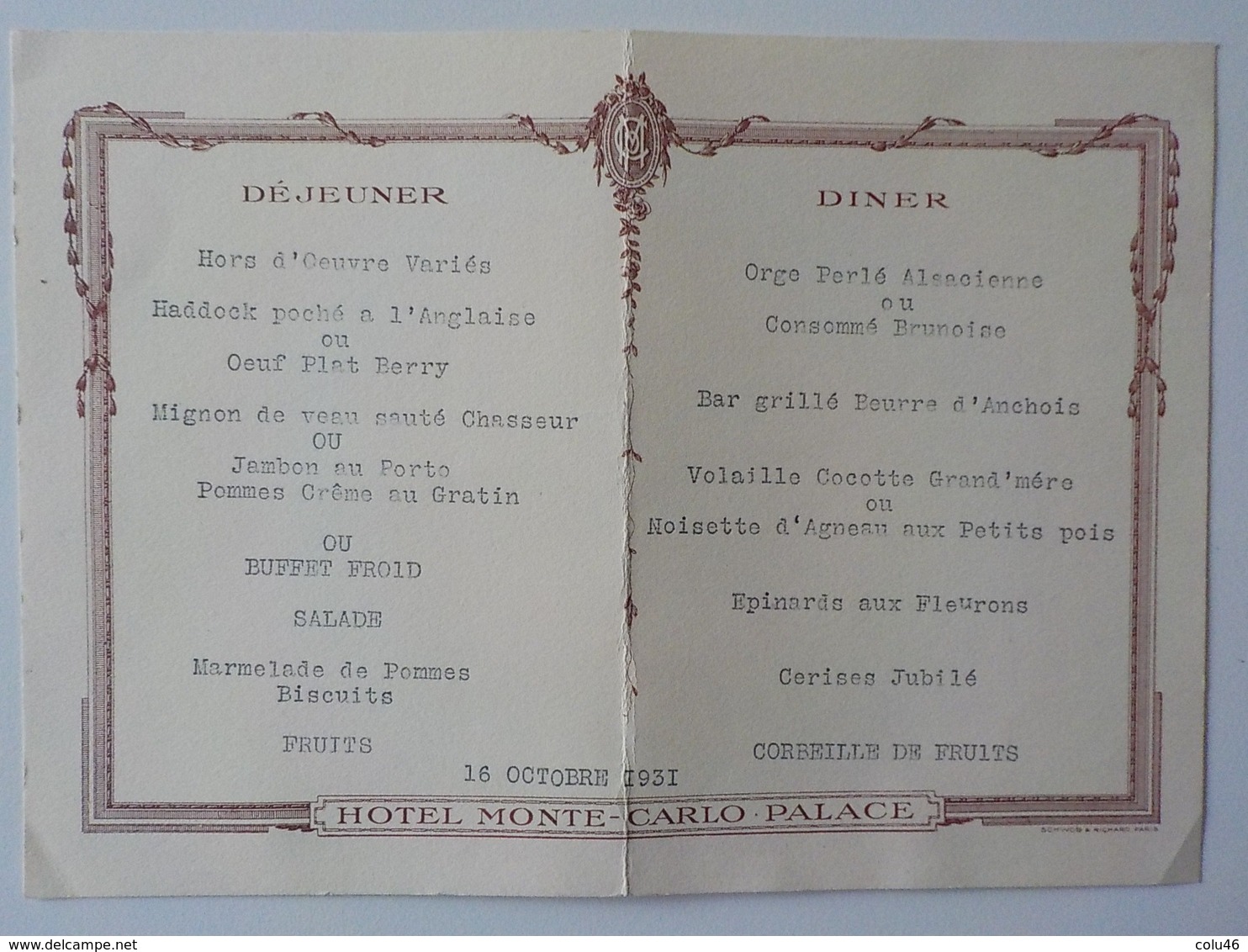 1931 Hôtel Monte-Carlo Palace Menu Cartonné + Menu Restaurant - Monte-Carlo