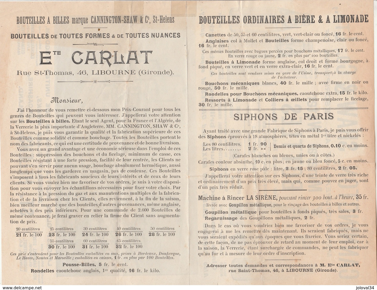 Royaume Uni Publicité Illustrée CANNINGTON  Bouteilles à Billes à Bière à Limonade Siphons De Paris ST HELENS Lancashire - Ver. Königreich