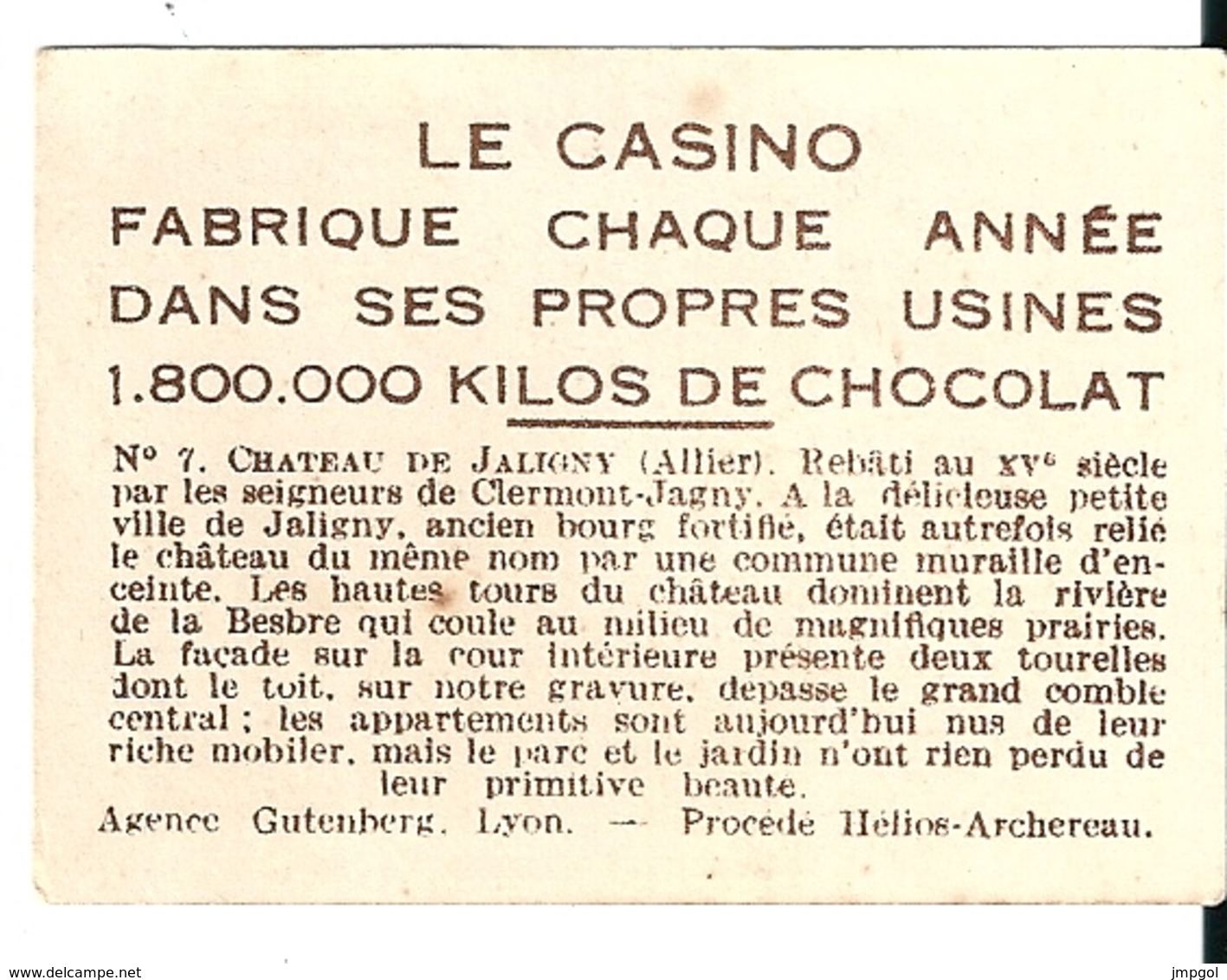 Image Chocolat Casino Série Châteaux Historiques De France N°7 Château De Jaligny (Allier) - Autres & Non Classés