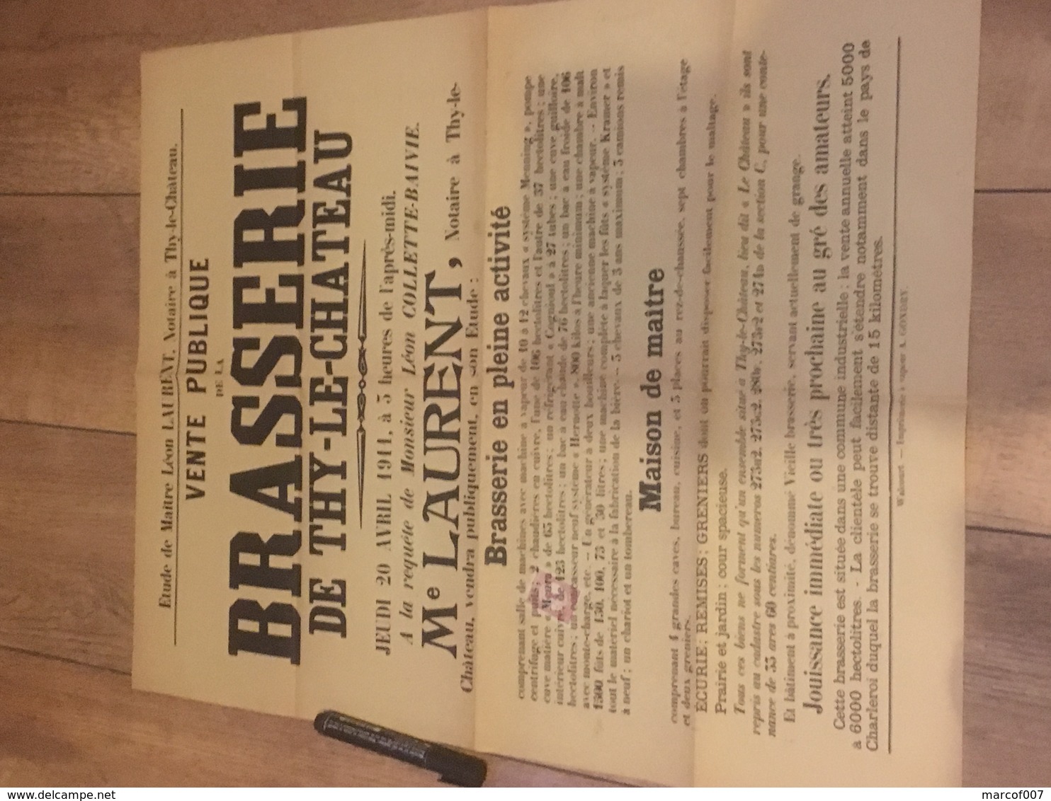 THY LE CHÂTEAU Vente De La BRASSERIE DE THY LE CHÂTEAU 1911 !!! - Afiches