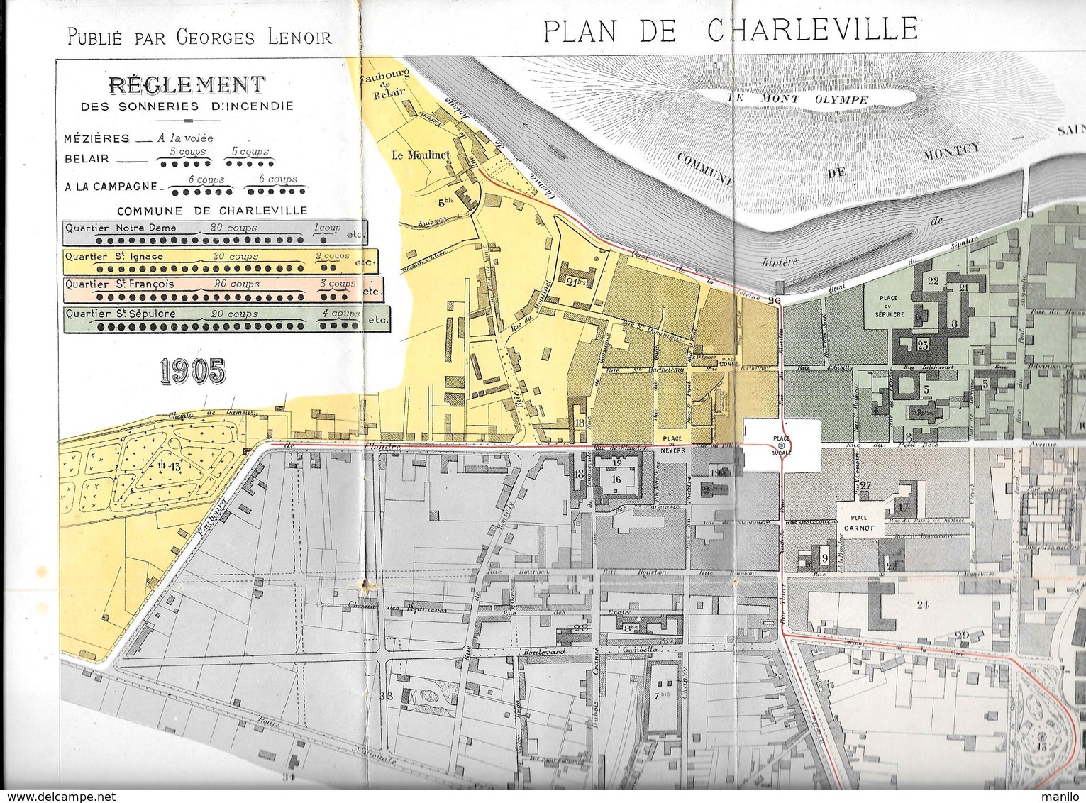 PLAN De CHARLEVILLE - 1905 -  Avec Ligne De Tramways Et Règlement Des Sonneries D'Incendie -Georges LENOIR Editeur à Cha - Autres & Non Classés