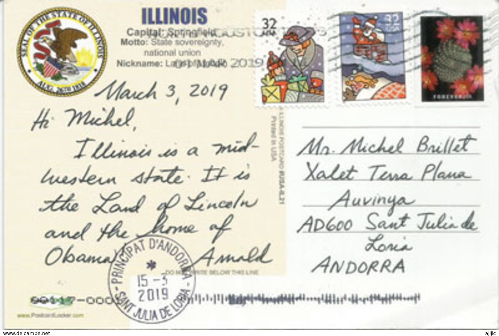 Seal Of The State Of Illinois (Land Of Obama), Postcard Sent To Andorra, With Arrival Postmark - Autres & Non Classés