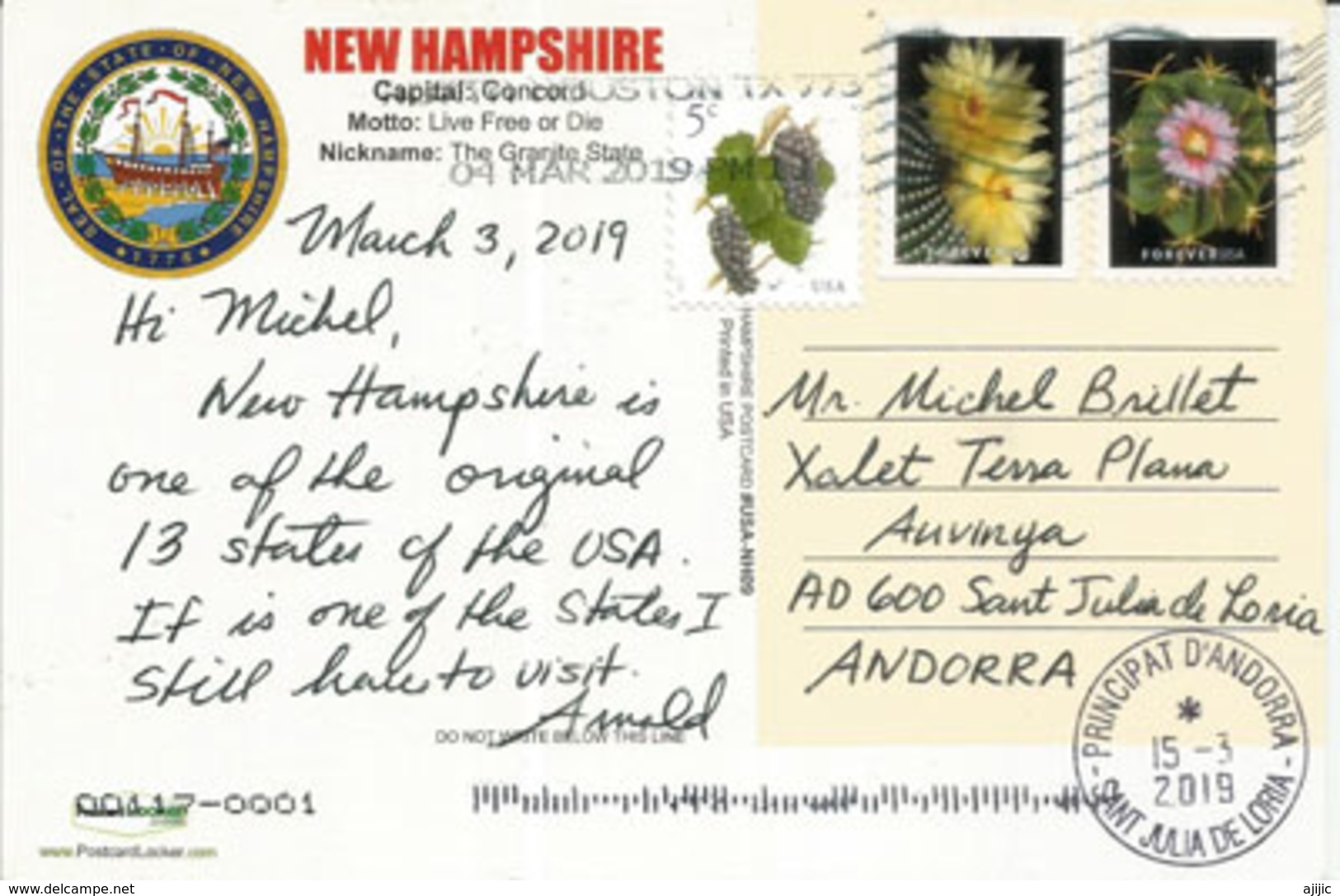 Seal Of The State Of New-Hampshire (The Original State), Postcard Sent To Andorra, With Arrival Postmark - Autres & Non Classés