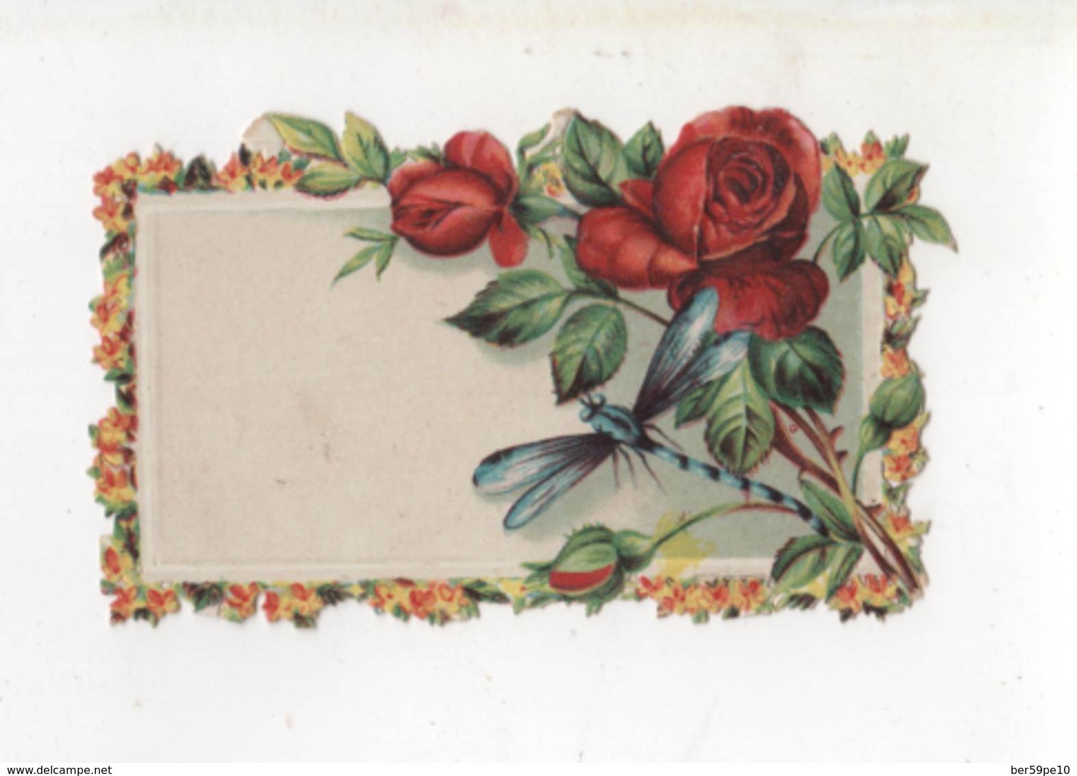 CHROMO   DECOUPI  CARTE VISITE ROSES ET LIBELLULE - Other & Unclassified