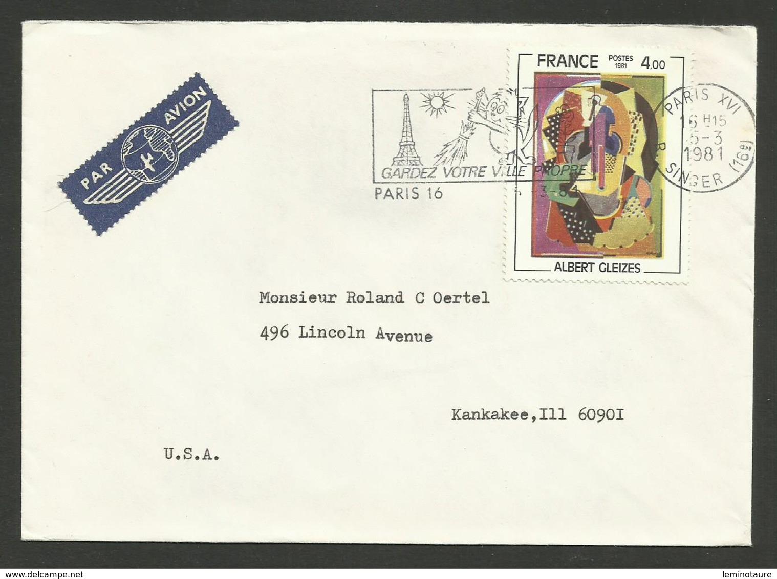 N° 2137 - 4.00 Peintre A. GLEIZES / PARIS 05.03.1981 Lettre Avion >>> U.S.A. .........au Tarif - 1961-....