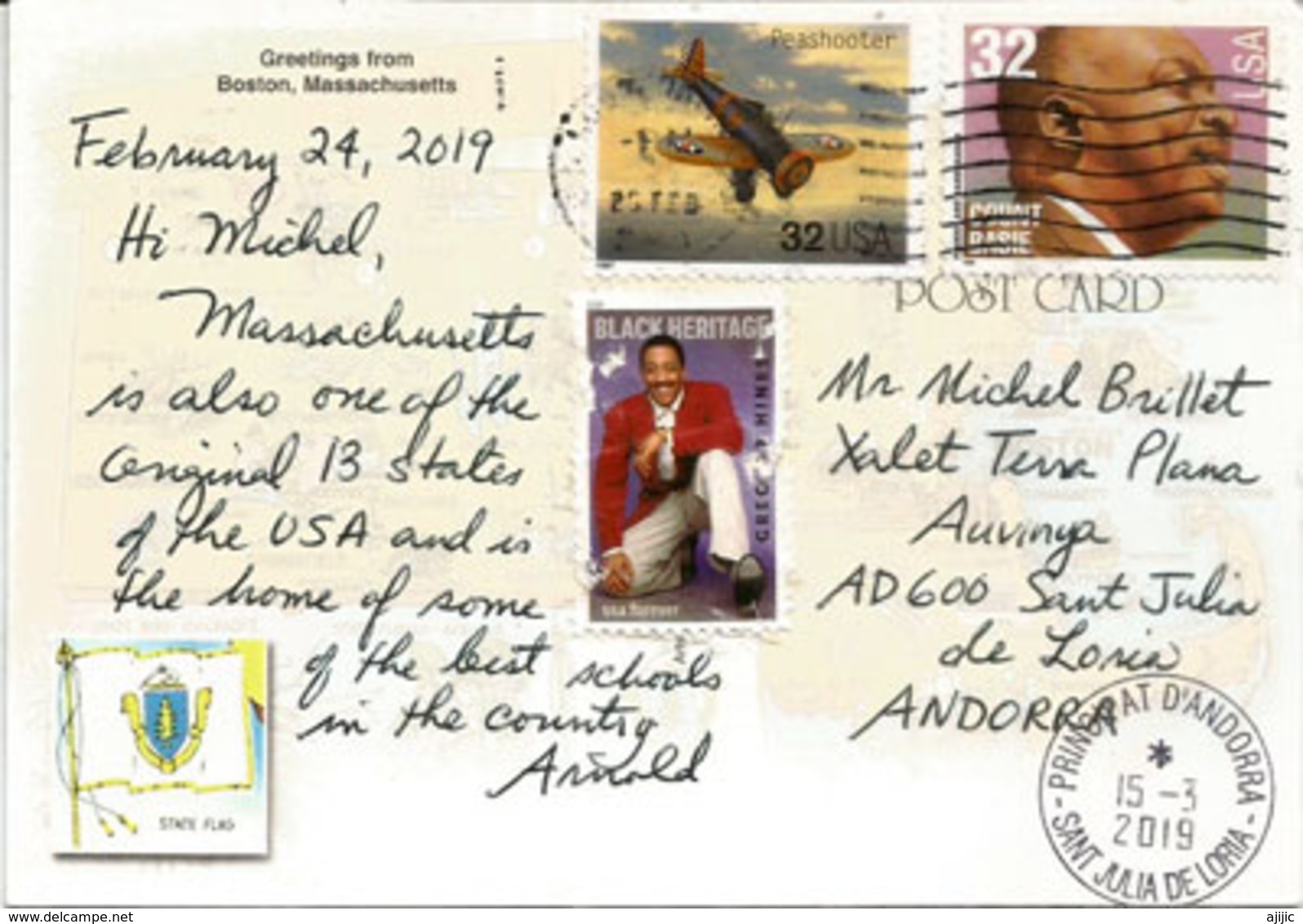 Map Of MASSACHUSETTS State, (The Original State),  Postcard Sent To Andorra, With Arrival Postmark - Cartes Géographiques