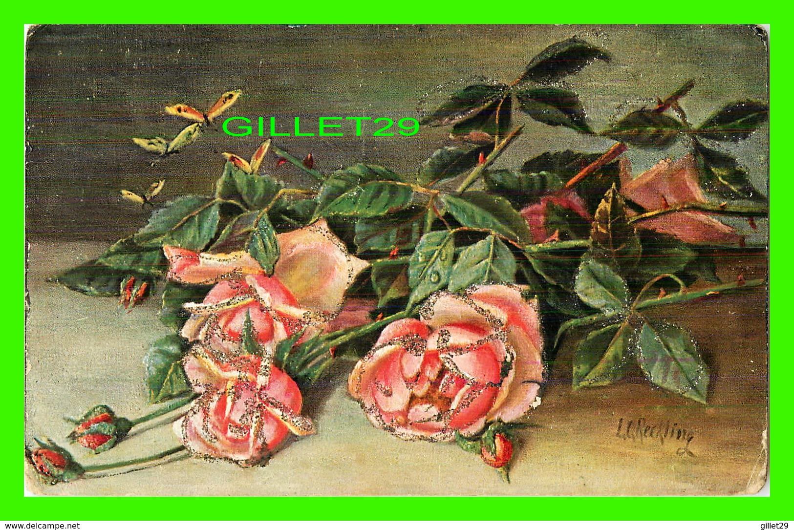 FLOWERS, FLEURS - GERBES DE ROSES - BRILLANTS - ÉCRITE - ENDOS 3/4 - - Fleurs