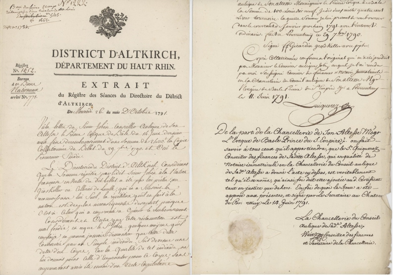 Altkirch 1791 Prince Évêque De Bale Porrentruy Abbaye De Lucelle Héraldiques - Documents Historiques