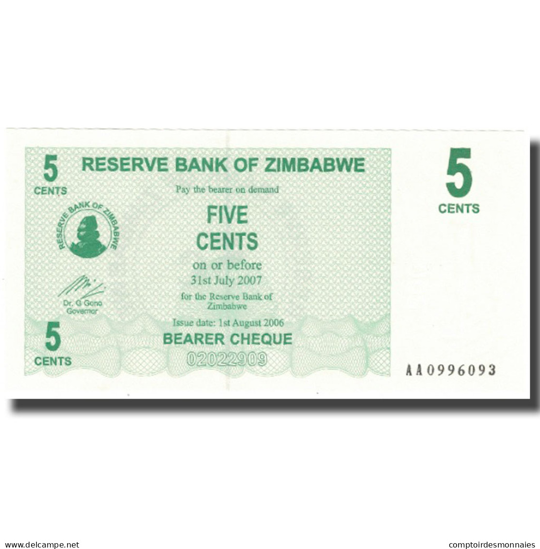 Billet, Zimbabwe, 5 Cents, 2007, 2007-07-31, KM:34, NEUF - Zimbabwe