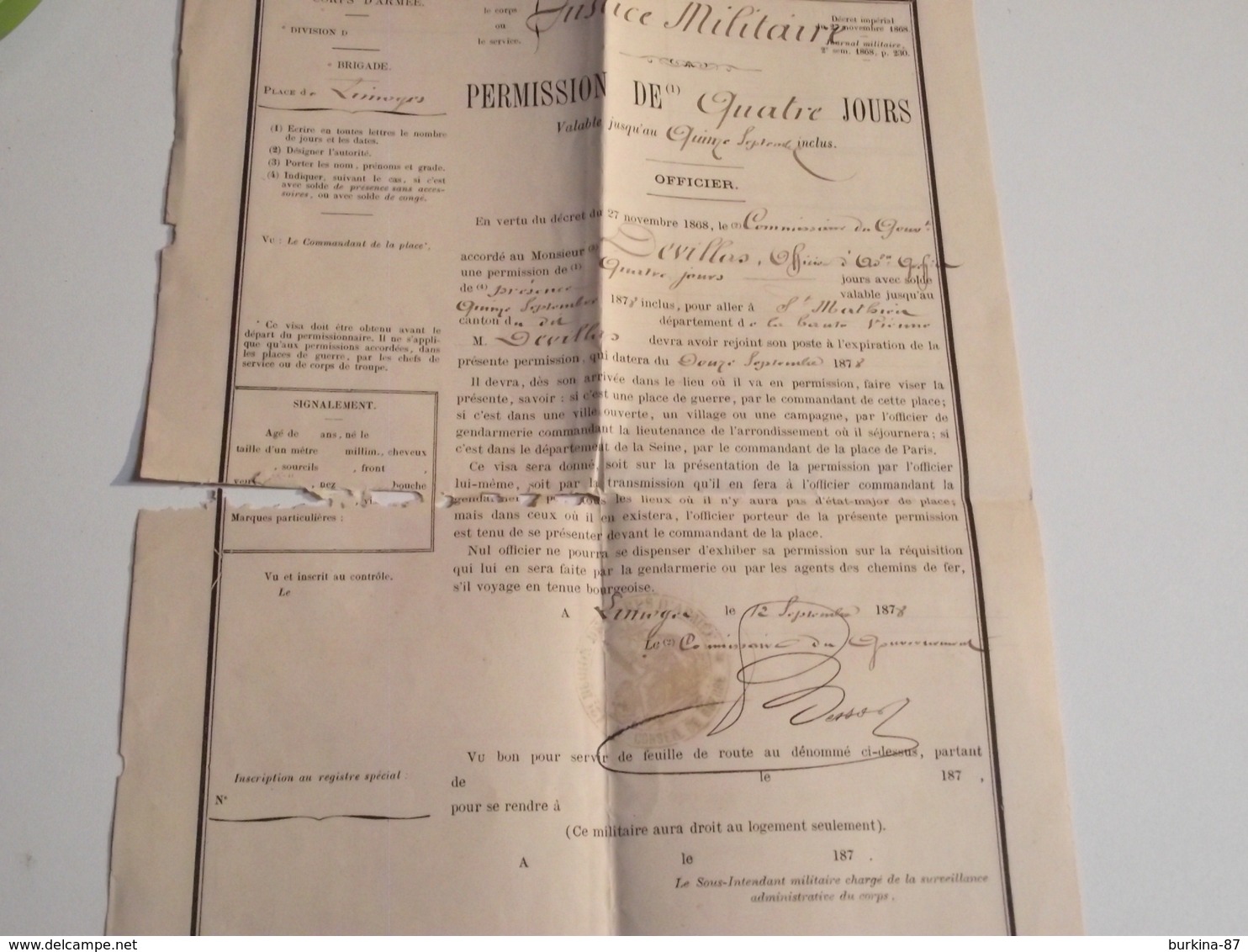 Permission De Quatre Jours, 1878, Limoges, Officier - Documents