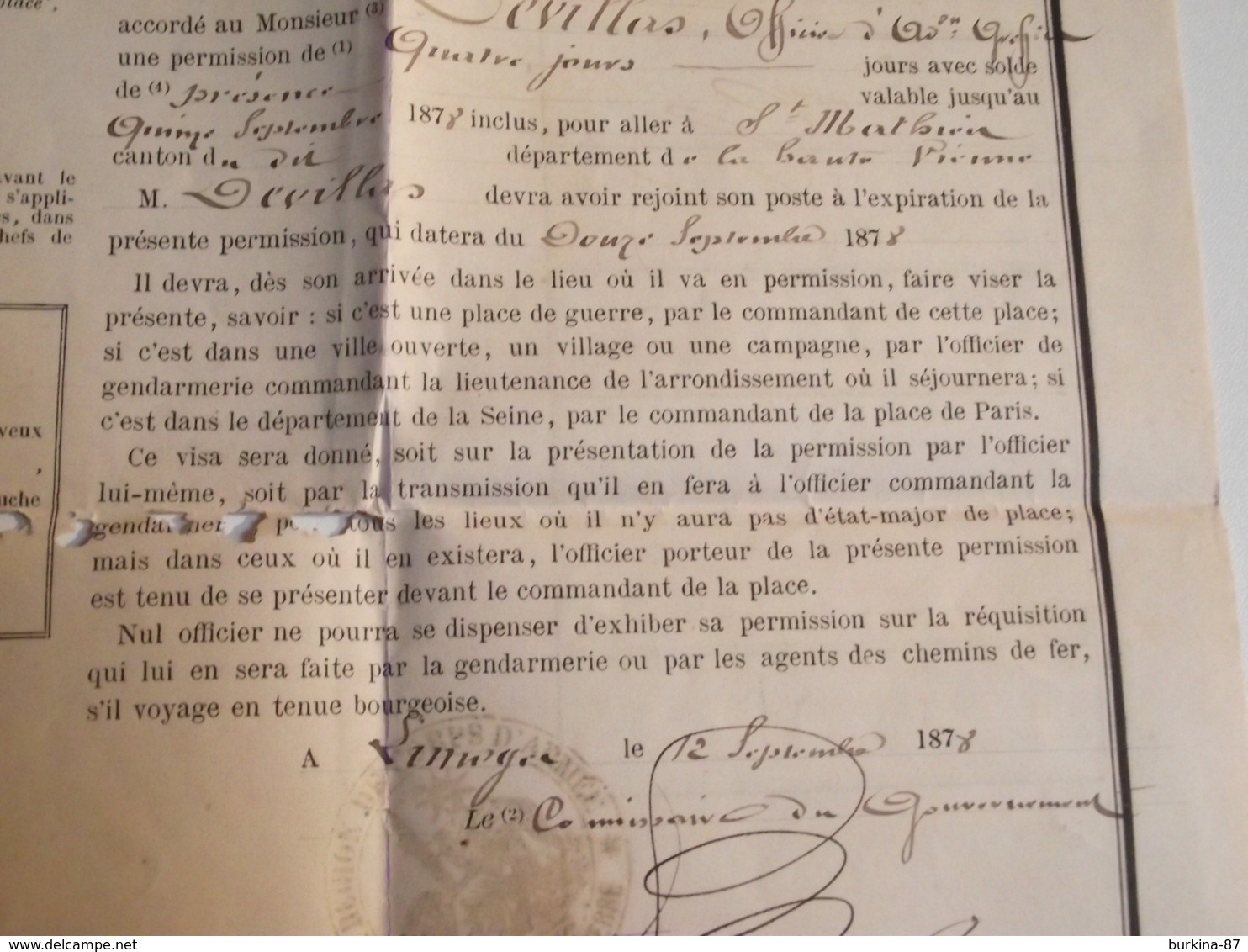 Permission De Quatre Jours, 1878, Limoges, Officier - Documents