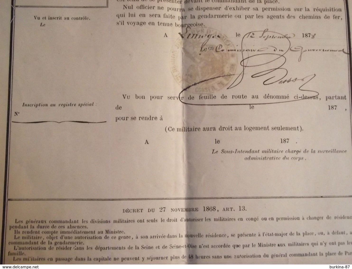 Permission De Quatre Jours, 1878, Limoges, Officier - Documents