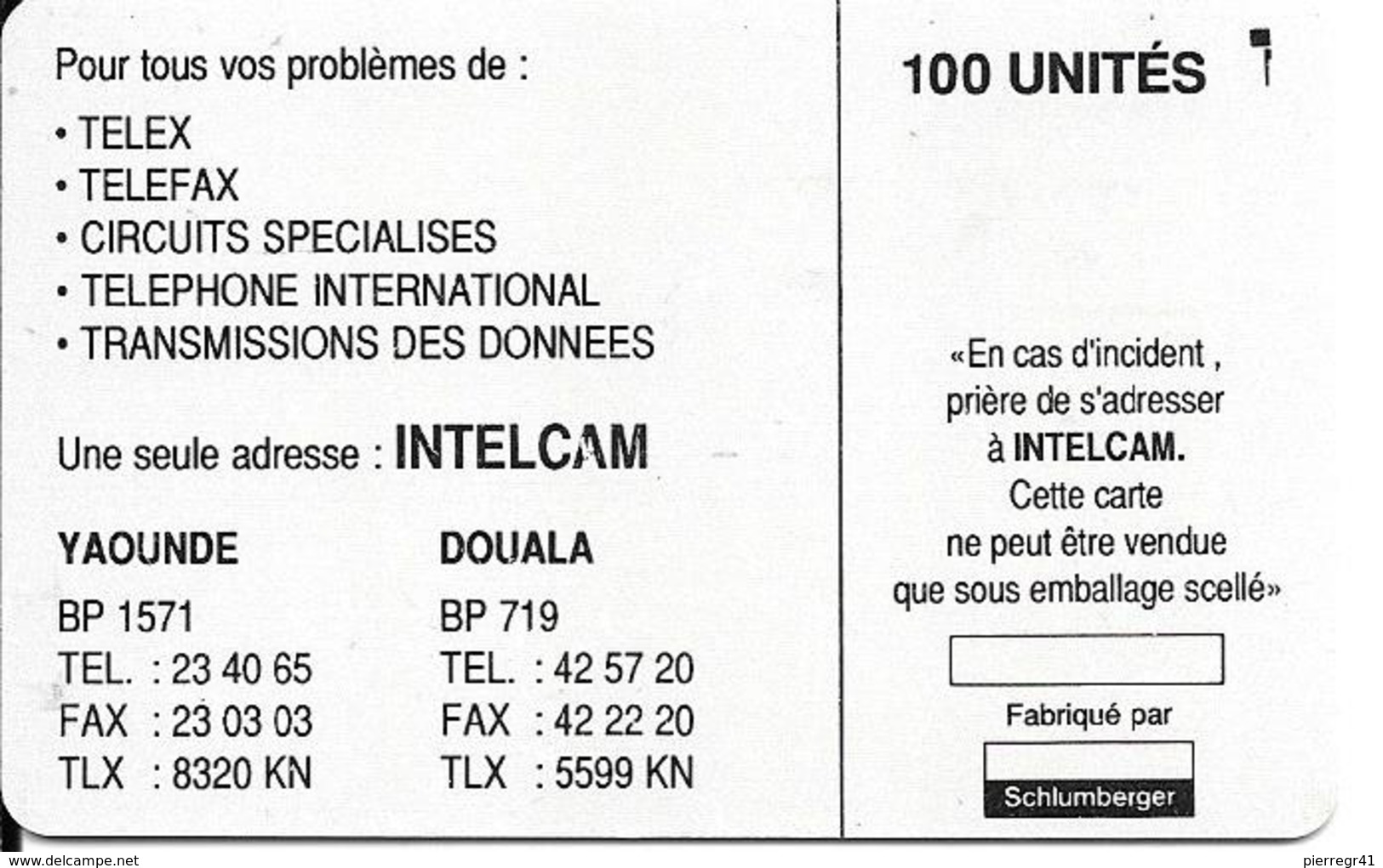 CARTE PUCE--CAMEROUN-100U-INTELCAM-Sans Puce /avec Logement Puce-R°/V° Gris Perle-Etat Usagé-RARE - Cameroun