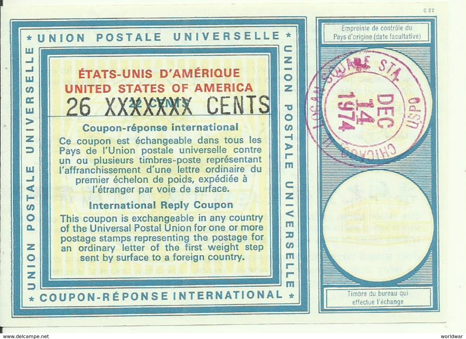 1974  International Reply Coupon 22 C With Overprint 26 C Postmark Chicago - Andere