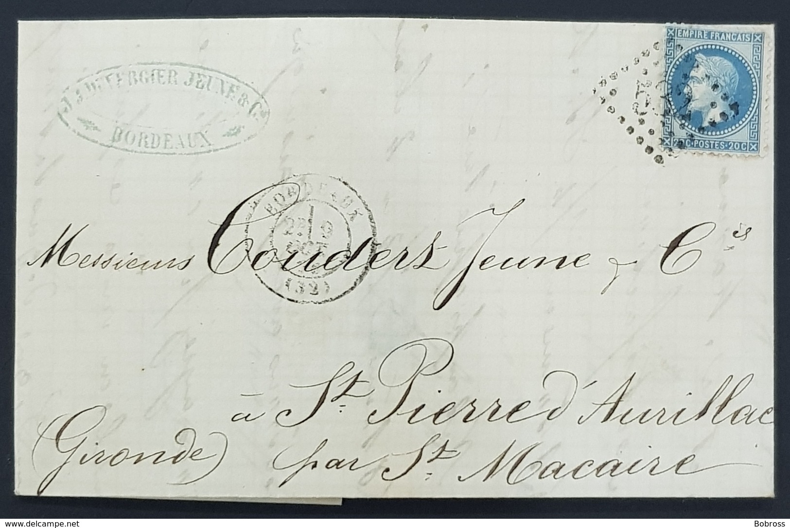 France, 1868 Lettre De Bordeaux Pour Saint Macaire, Aude, Republique Française - 1849-1876: Période Classique