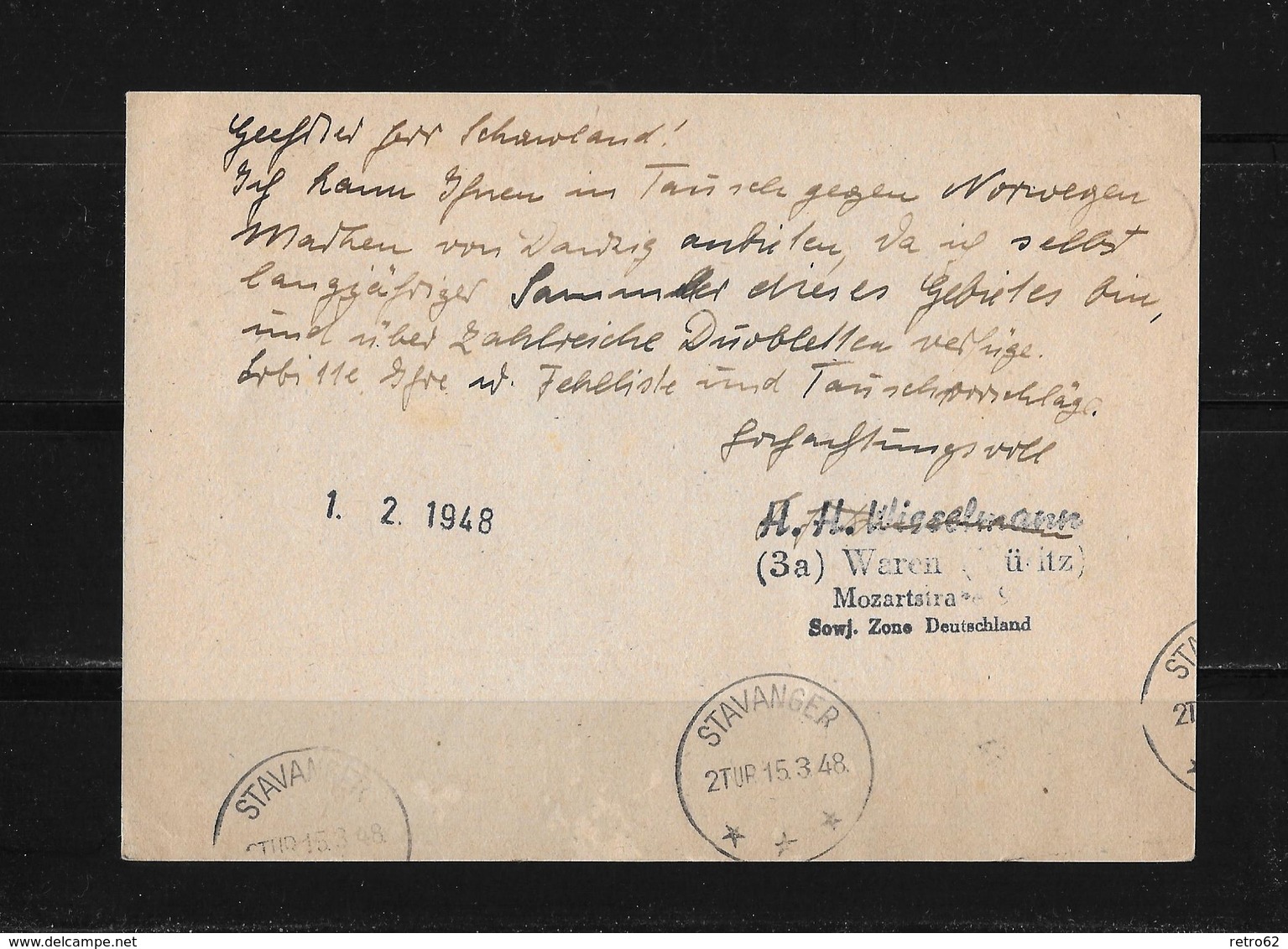 1948 ALLIIERTE BESETZUNG → Ga ZuF Postkarte Waren Nach Stavanger Norwegen - Autres & Non Classés