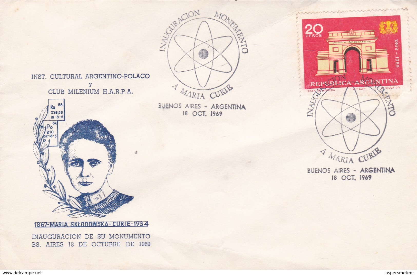 MARIA SKLODOWSKA CURIE 1934, INAGURACION MONUMENTO EN BUENOS AIRES. SPC OBLITERE 1969 BUENOS AIRES-RARISIME EN.. - BLEUP - Donne Celebri