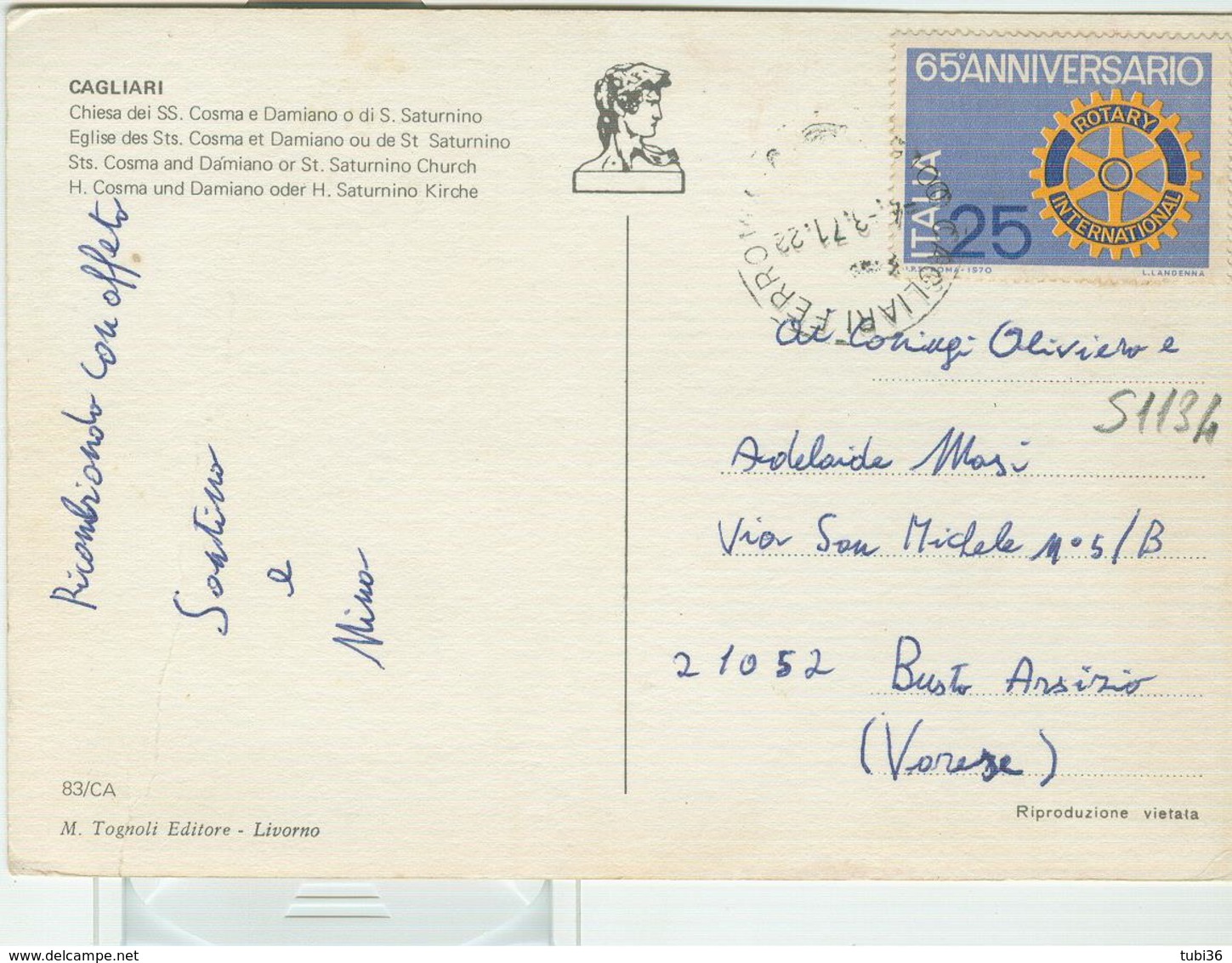 ROTARY £. 25 ,S 1134, ISOLATO TARIFFA CARTOLINA,1971,TIMBRO POSTE CAGLIARI,CHIESA SS.COSMA E DAMIANO-S.SATURNINO X BUSTO - 1971-80: Storia Postale