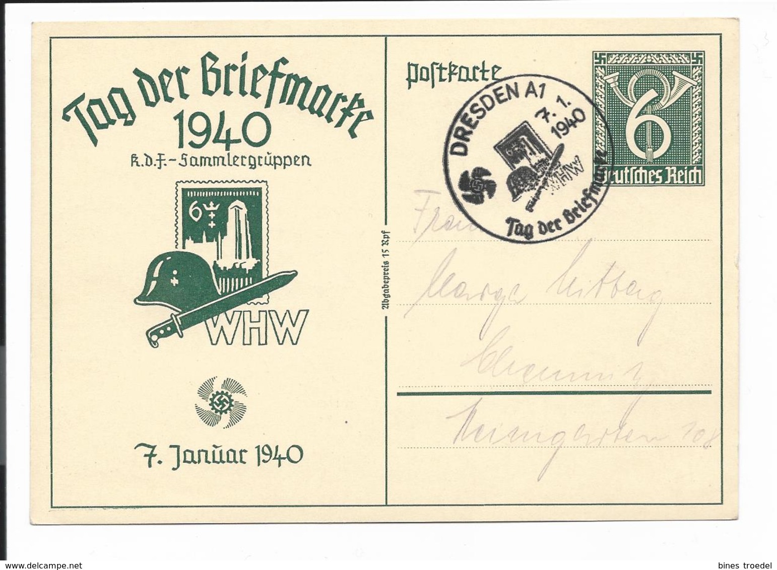 DR P 288 - 6 Pf WHW Tag Der Briefmarke Danzig Mit Sonderstempel Dresden M. Grußtext - Autres & Non Classés