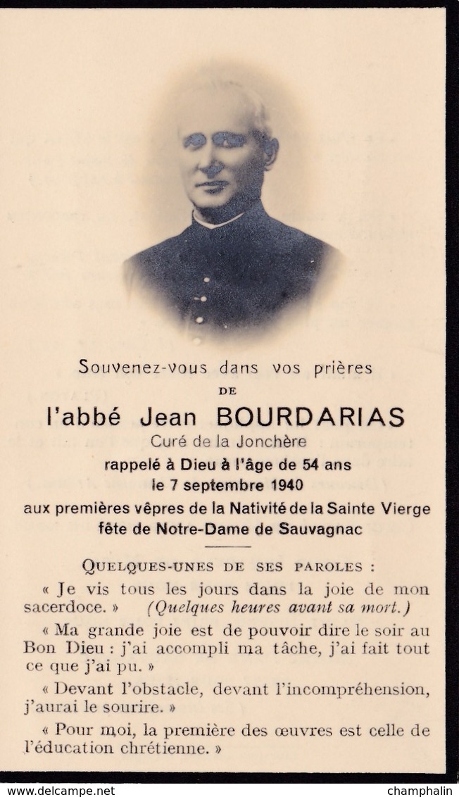 Mémento Décès - Abbé Jean Bourdarias - Curé De La Jonchère-Saint-Maurice (87) - 7 Septembre 1940 - Décès