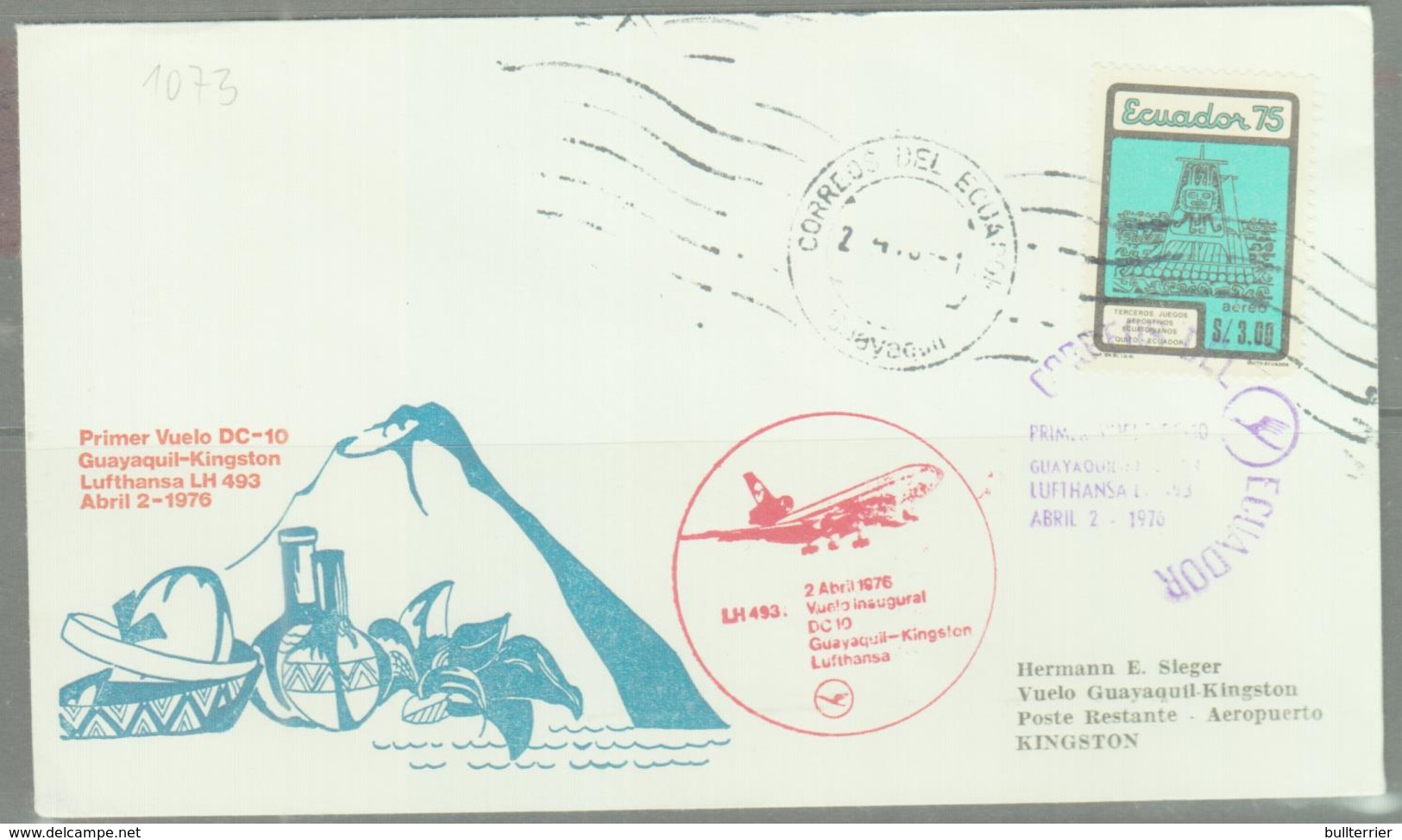 ECUADOR  - 1976 - GUAYAQUIL TO KINGSTON  ILLUSTRATED FIRST FLIGHT COVER - Ecuador