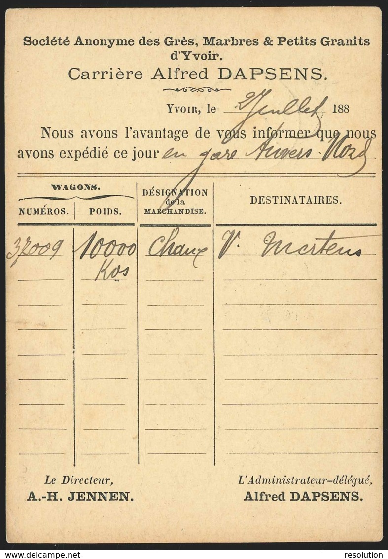 Ep 5c Vert Repiquage Carrière D'Yvoir Càd YVOIR/1883 Pour Contich - Cartoline 1871-1909