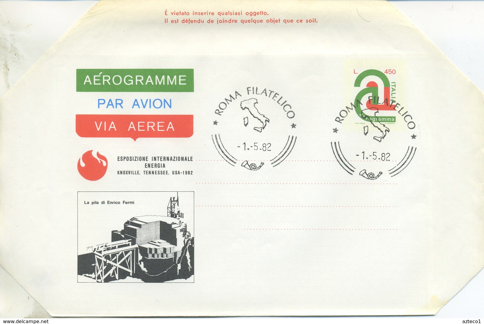 ITALIA - AEROGRAMMA 1982 - ESPOSIZIONE ENERGIA KNOXVILLE - FDC - Interi Postali