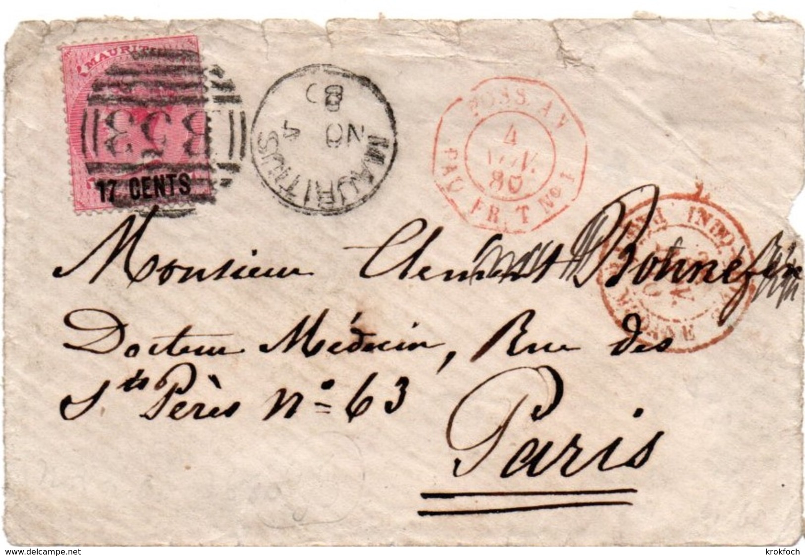 Mauritius 1880 Maurice - Cachet Entrée En France Poss. An Paq Fr. T N°1 - !!!! Devant De Lettre Seul - Maritime Post