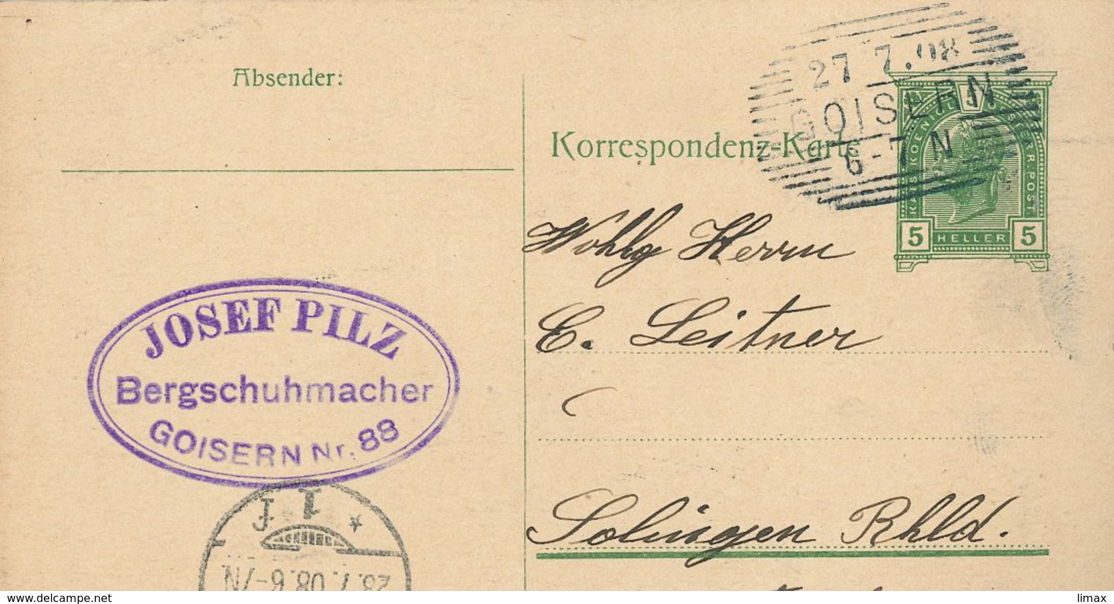 Ganzsache Goisern 27.7.1897 Josef Pilz Bergschuhmacher "Goisara" Nach Solingen - Covers & Documents