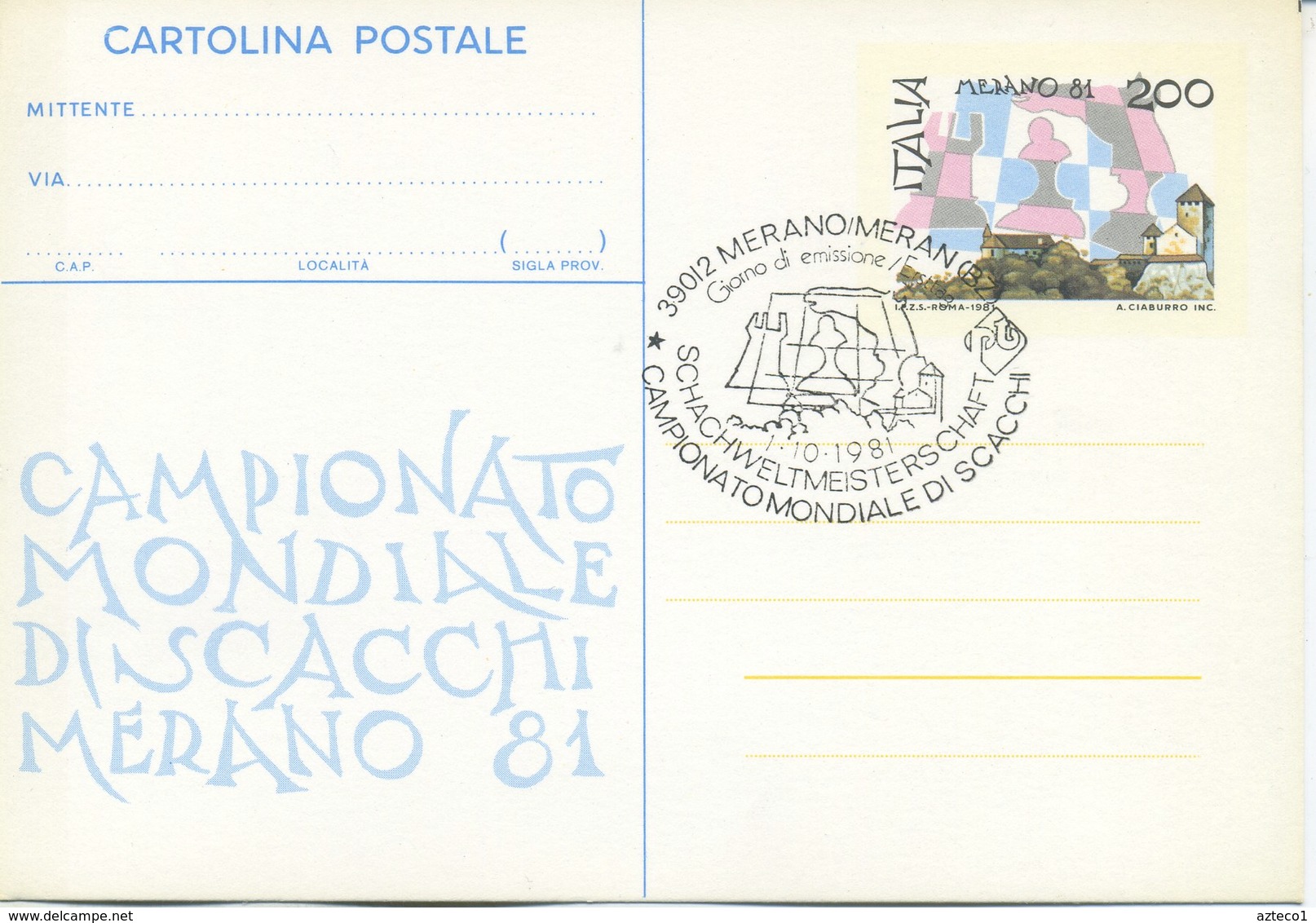 ITALIA - INTERO POSTALE 1981 - MONDIALI DI SCACCHI A MERANO - FDC - Postwaardestukken