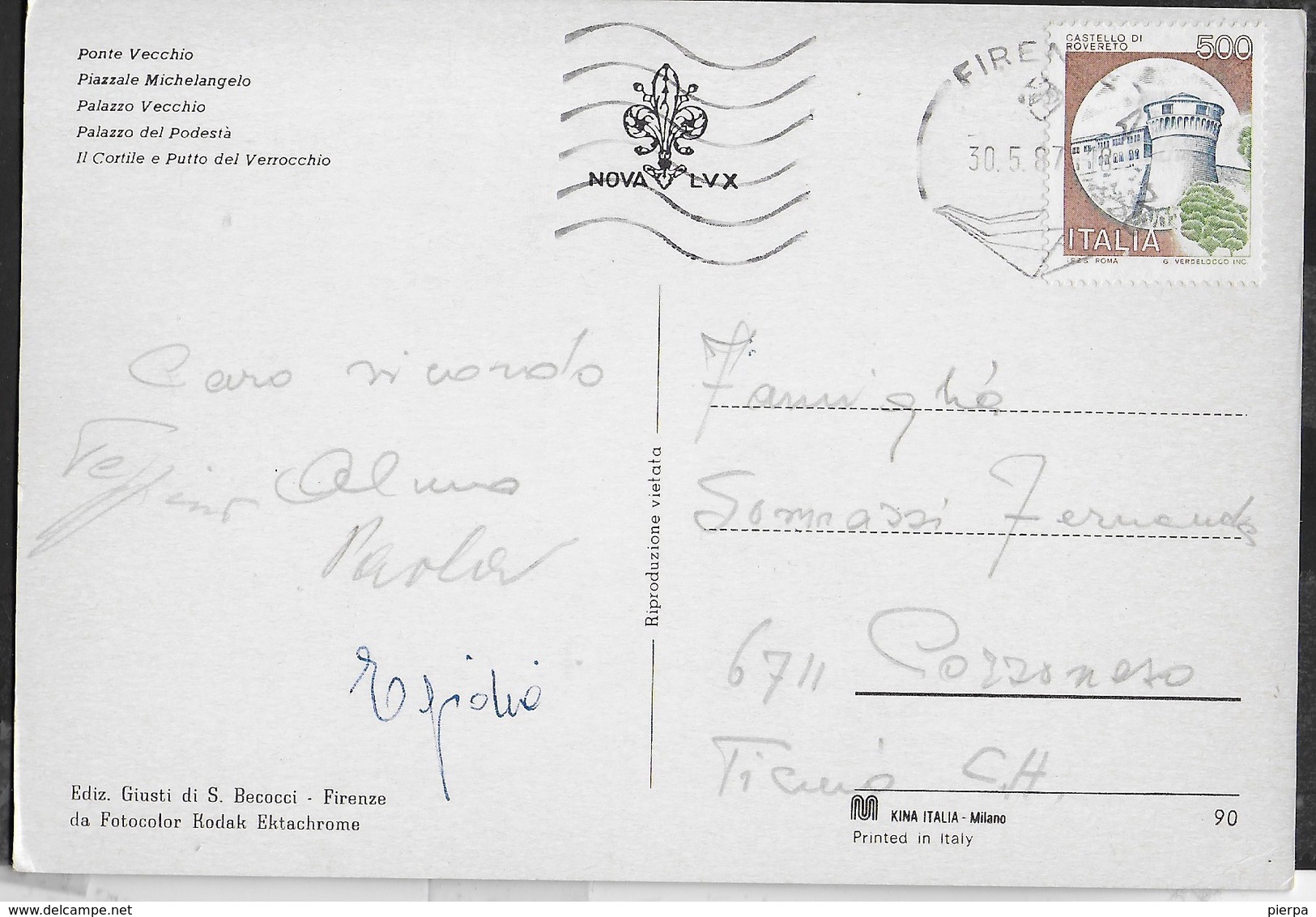 SALUTI DA FIRENZE - VIAGGIATA 1987 PER ESTERO (SVIZZERA) - Greetings From...