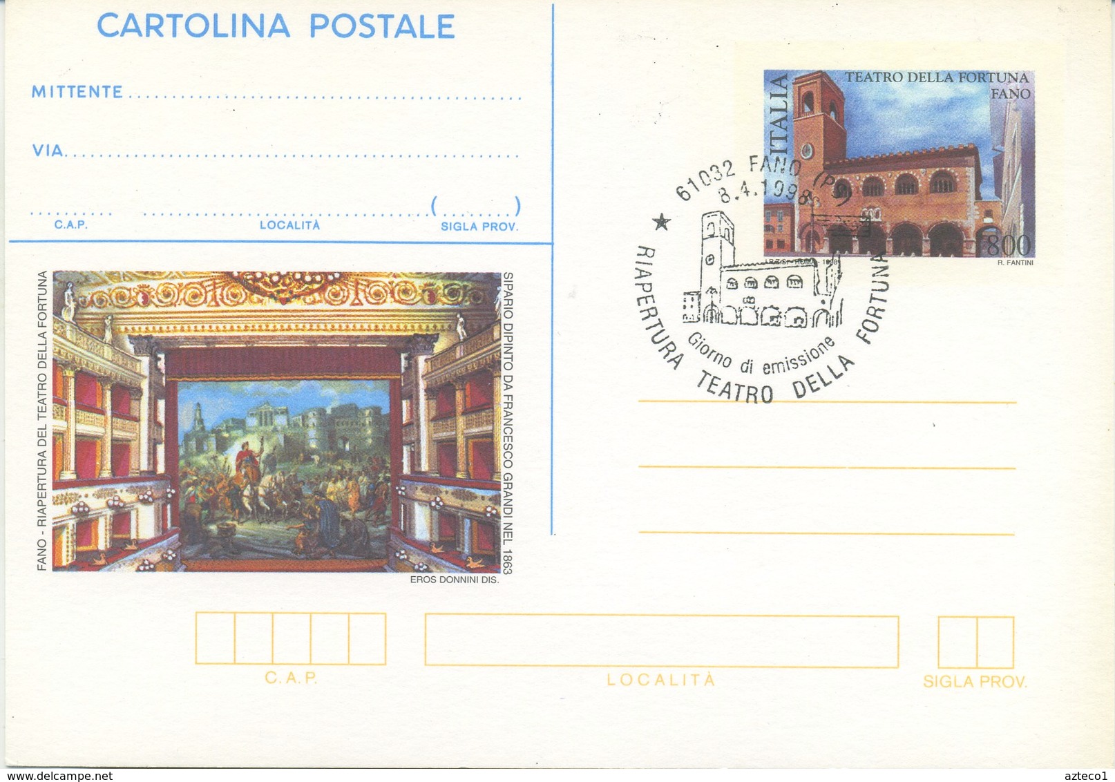 ITALIA - INTERO POSTALE 1998 - TEATRO DELLA FORTUNA - FANO - FDC - SPECIAL CANCEL - Interi Postali