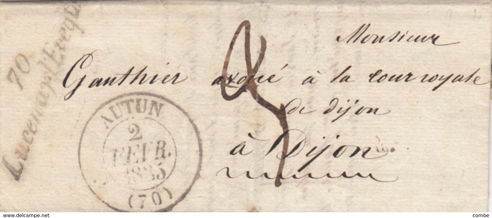 LETTRE. 1843. SAONE-ET-LOIRE. CURSIVE 70/LUCENAY-L'EVEQUE. AUTUN POUR DIJON TAXE PLUME 3 - 1801-1848: Vorläufer XIX