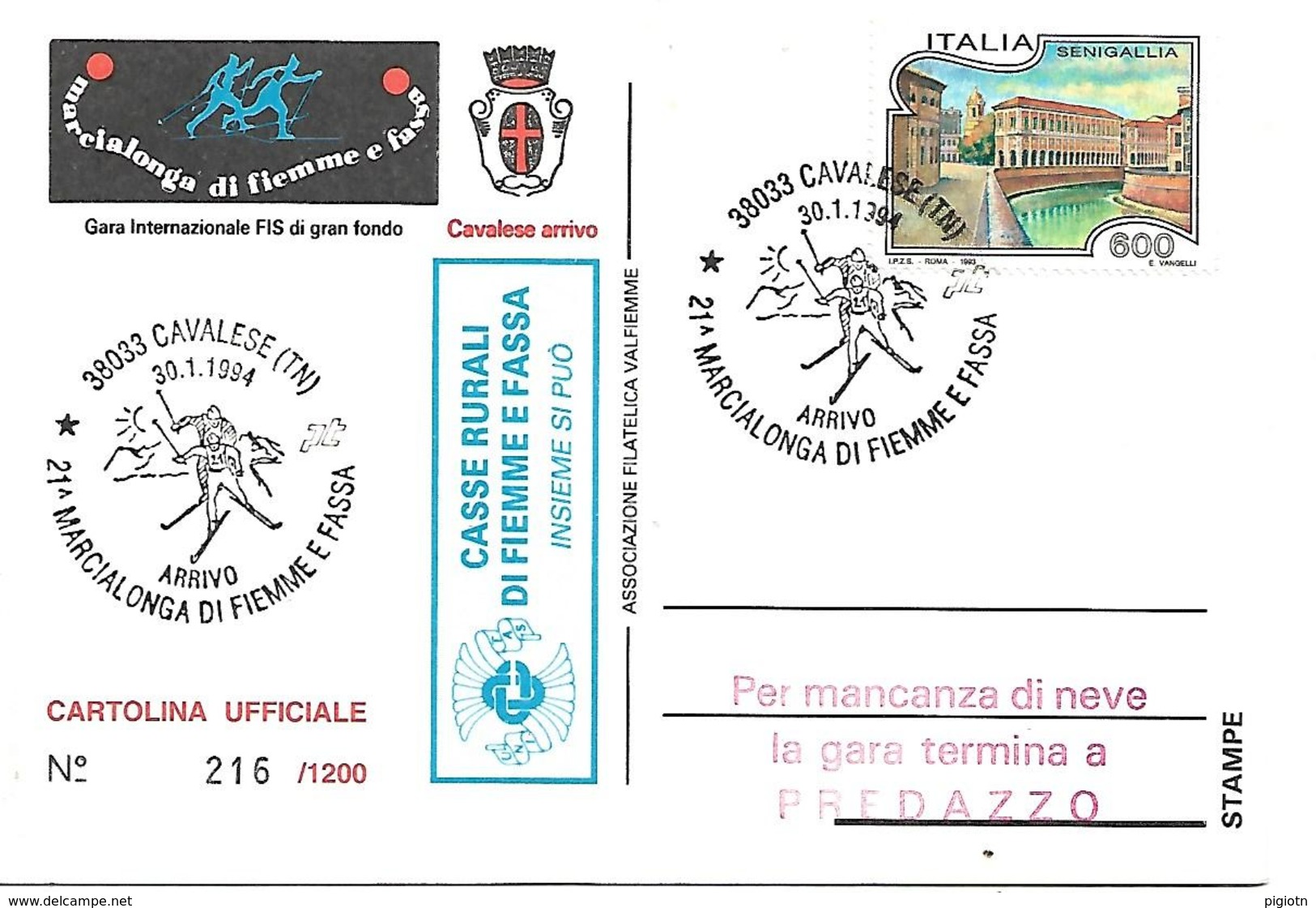 B136 -MARCOFILIA - CAVALESE ARRIVO  - 21° MARCIALONGA DI FIEMME E FASSA - 30.01.1994 - SU CARTOLINA - 1971-80: Storia Postale