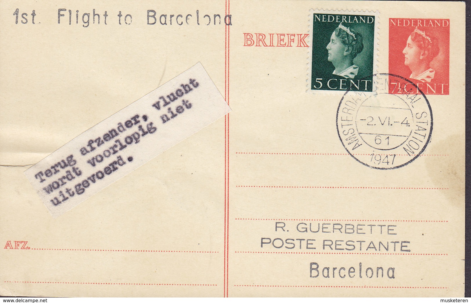 Netherlands Uprated Postal Stationery Ganzsache 1st Flight To BARCELONA, AMSTERDAM CENTRAAL STATION 1947 Card Karte - Ganzsachen