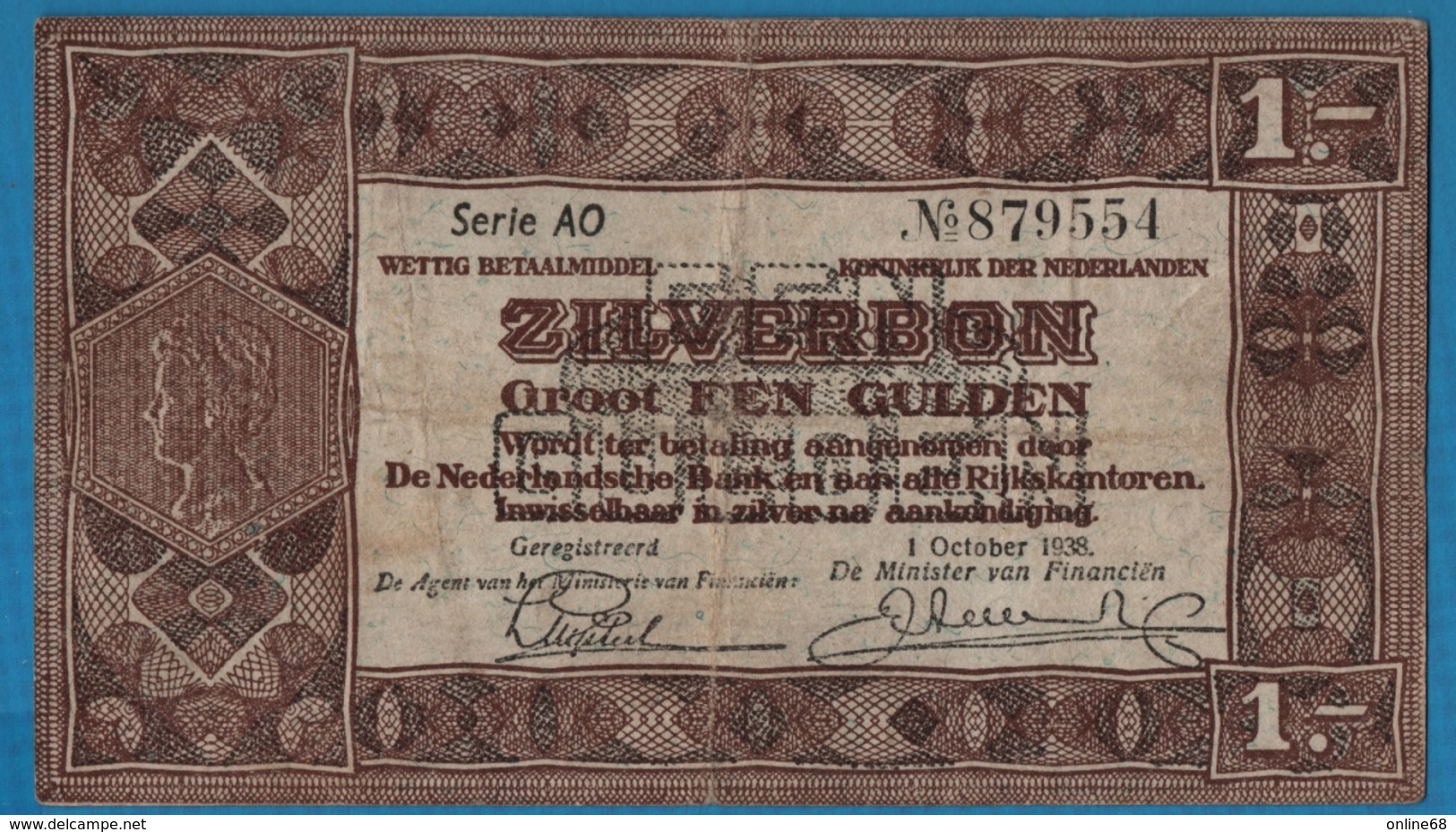 NEDERLANDEN 	 1 Zilverbon 01.10.1938	Serie # AO 87955489  P# 61 Ministerie Van Financiën - [3] Ministerie Van Oorlog Issues