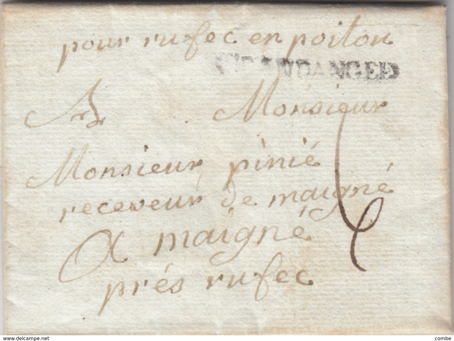 LETTRE. 1780. POUR MAIGNÉ PRES RUFEC EN POITOU. TAXE PLUME 6 - 1701-1800: Précurseurs XVIII