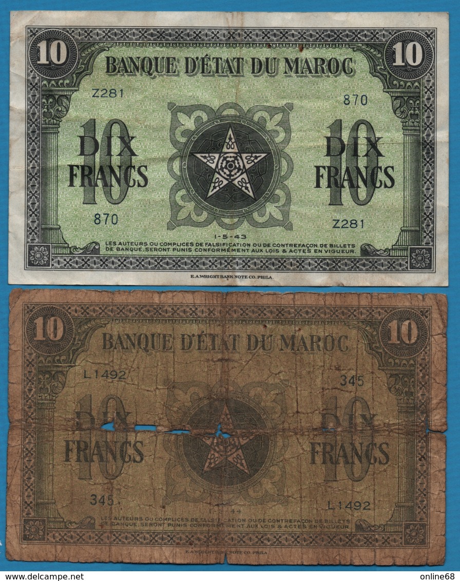 MAROC  LOT 2x 10 Francs  01.05.1943 Serie Z281 - 1944  P# 25  WW II - Marruecos