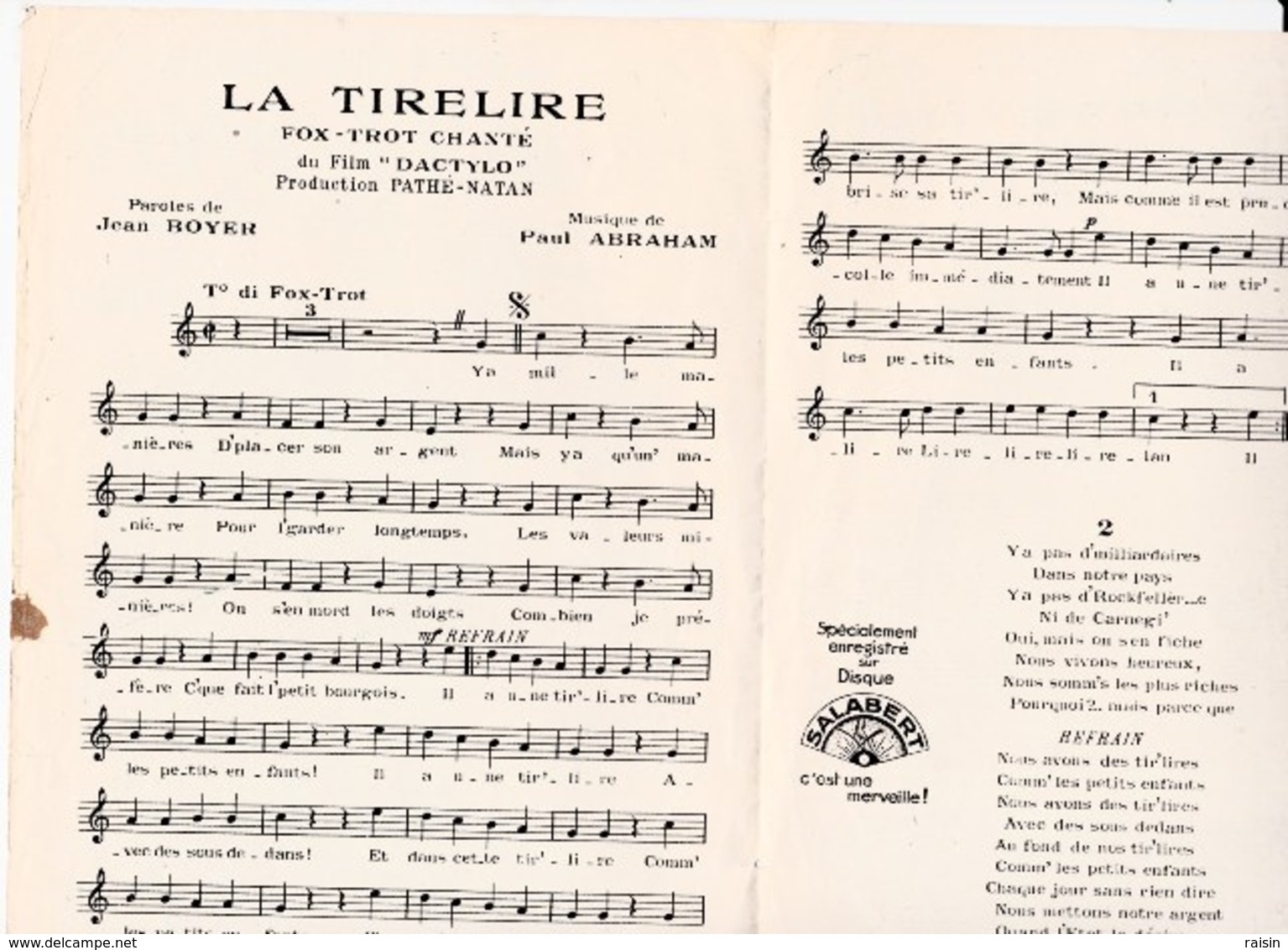 La Tirelire Fox-trot  (du Film "Dactylo") Paroles Jean Boyer Musique Paul Abraham E..Salabert Mauvais état - Partitions Musicales Anciennes
