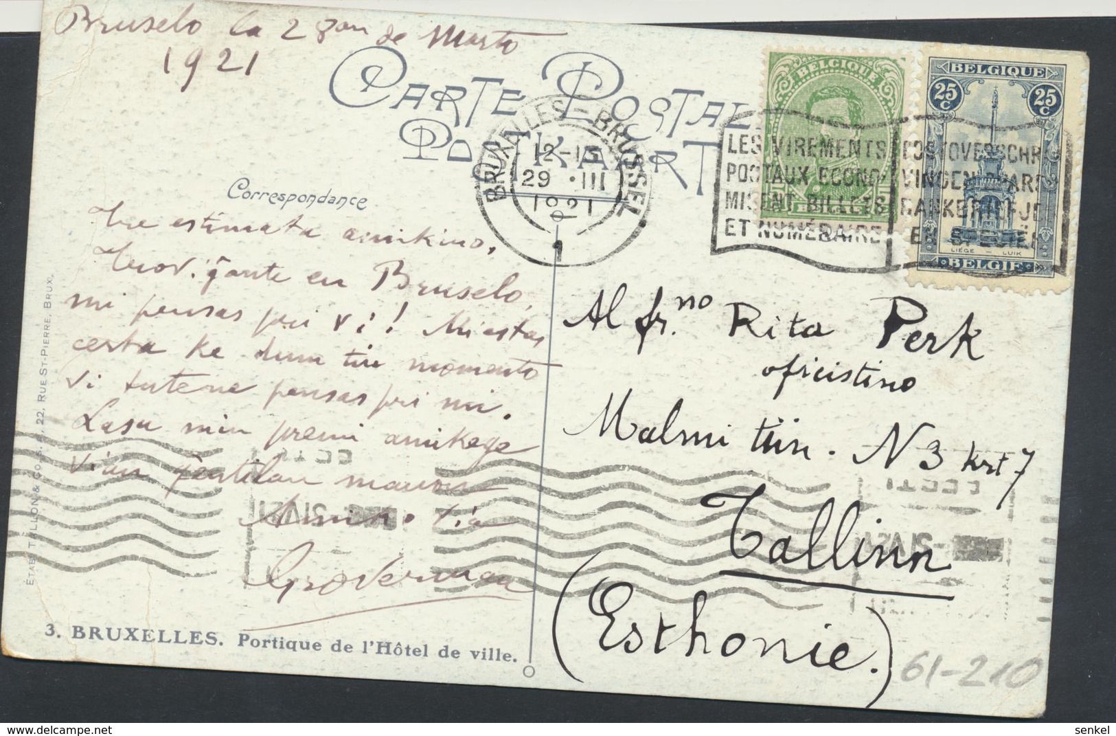 61-210 Belgium Brussels Portique De L`Hotel De Ville Sent To Estonia 1921 - Internationale Instellingen