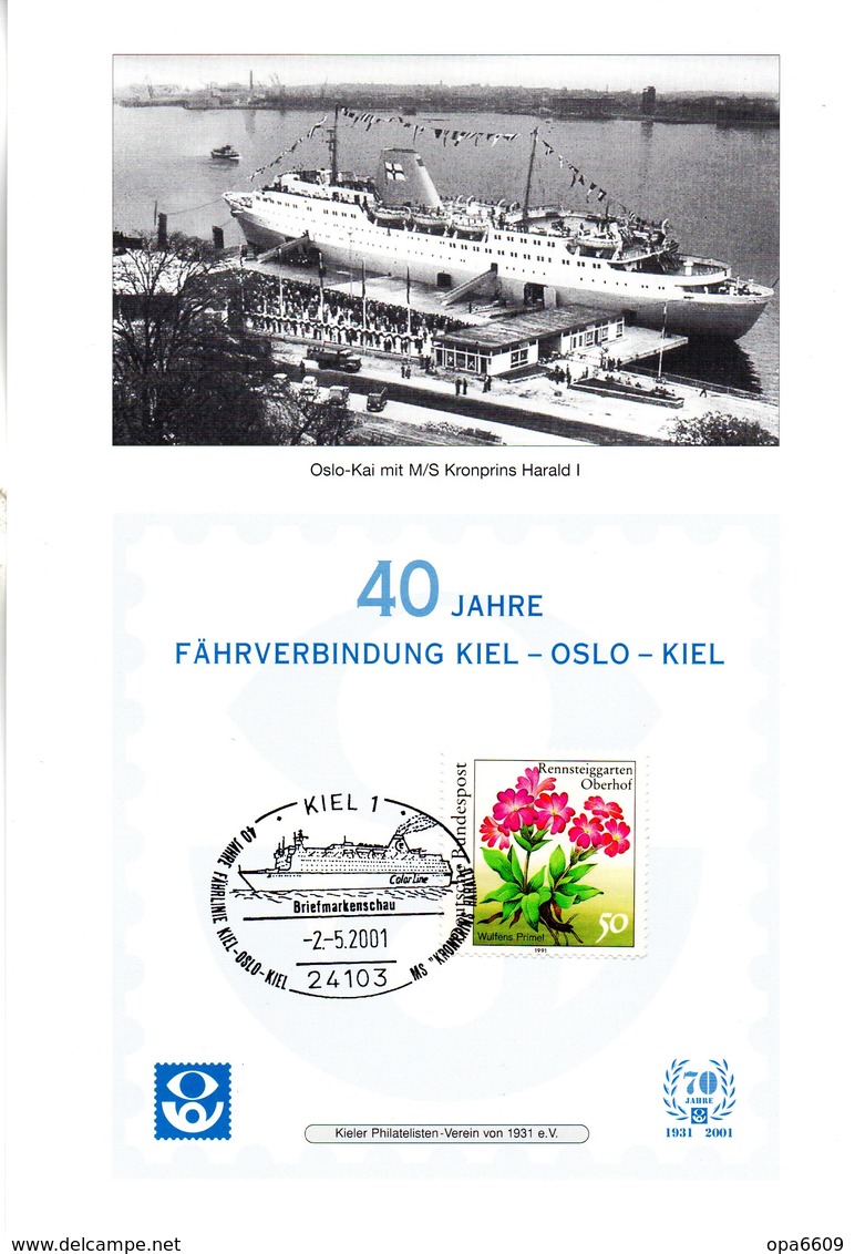 (Bu-B5) BRD Gedenkblatt "40 Jahre FÄHRVERBINDUNG KIEL-OSLO-KIEL" EF Mi 1506 SST 2.5.2001 KIEL 1 - Sonstige & Ohne Zuordnung