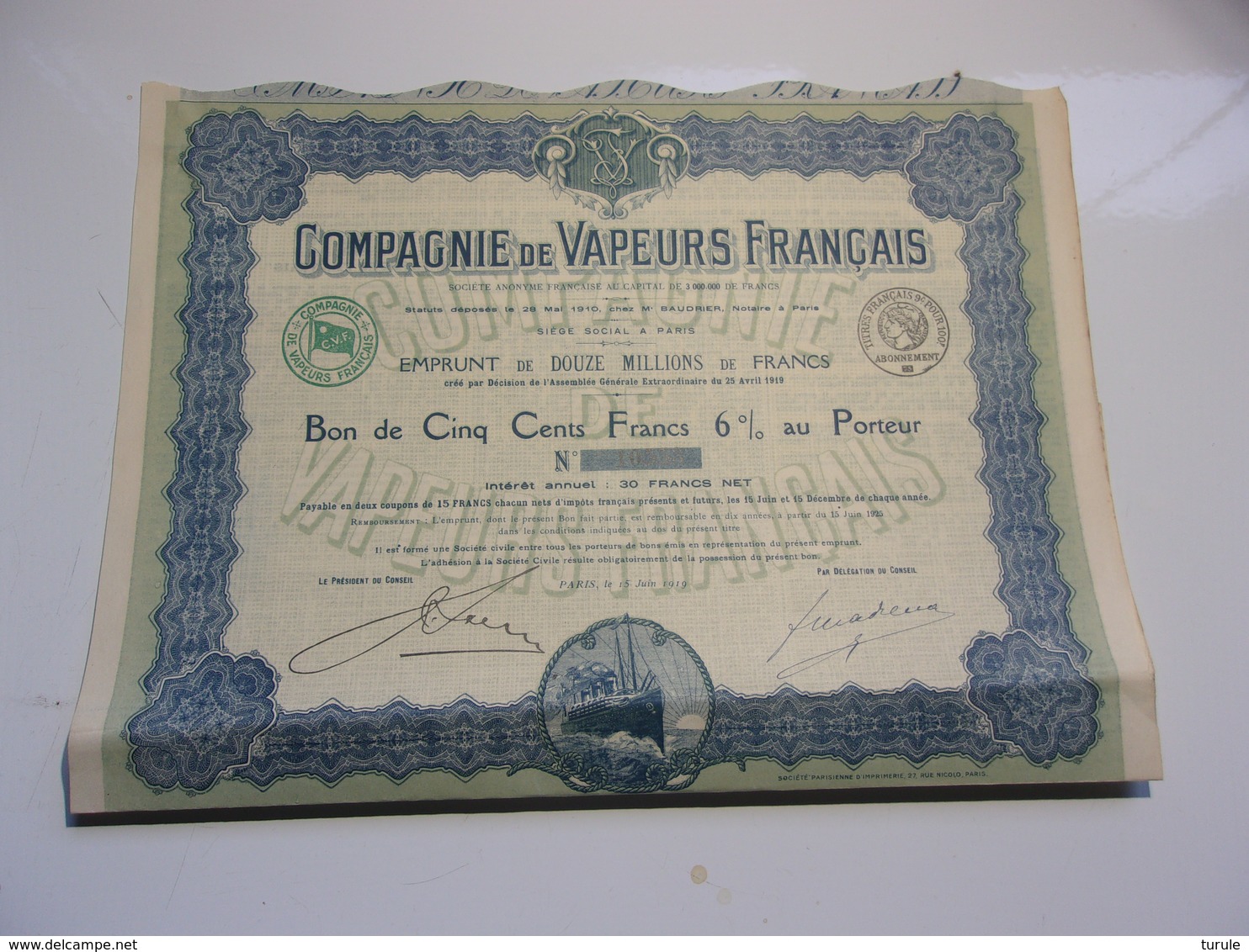 VAPEURS FRANCAIS (bon 500 Francs) 1919 - Autres & Non Classés